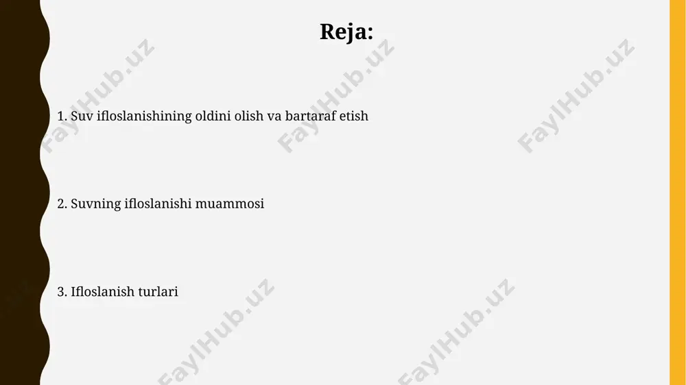 ridagi baʼzi sanoat korxonalarining chiqindilari suv havzalariga 20 dan ortiq turdagi zaharli moddalarni chiqaradi, bu esa suv ekologiyasiga jiddiy tahdid soladi. radiatsion ifloslanish chernobil aesdagi portlash 1986-yilda 100 km radiusda radioaktiv ifloslanishni keltirib chiqardi, bu hududda 30 yildan ortiq vaqt davomida 5000 dan ortiq odamning sog'lig'iga salbiy ta'sir ko'rsatdi. radiatsion ifloslanishning 1 mikrosivert miqdori inson tanasiga sezilarli zarar yetkazmasa ham, uzoq muddatli ta'sir qilish saraton kasalligi va boshqa kasalliklar xavfini 2-3 marta oshirishi mumkin. fizikaviy ifloslanish o'zbekistonning amudaryo havzasida fizikaviy ifloslanishning 70% dan ortig'i qattiq chiqindilar, jumladan, 2022-yil ma'lumotlariga ko'ra, plastik va shisha qoldiqlaridan iborat. farg'ona vodiysidagi suv havzalari, taxminan 3000 kv.km maydonni qamrab olgan holda, sanoat korxonalaridan chiqadigan 50 dan ortiq turdagi mayda metall qismlari bilan ifloslanganligi aniqlangan. suv ifloslanishining oldini olish toshkent shahrida 2024 yilga qadar 300 km dan ortiq kanalizatsiya tarmoqlarini rekonstruktsiya qilish rejalashtirilgan bo'lib, bu suv havzalariga chiqadigan chiqindilar miqdorini 25% ga kamaytiradi. suv ifloslanishining oldini …