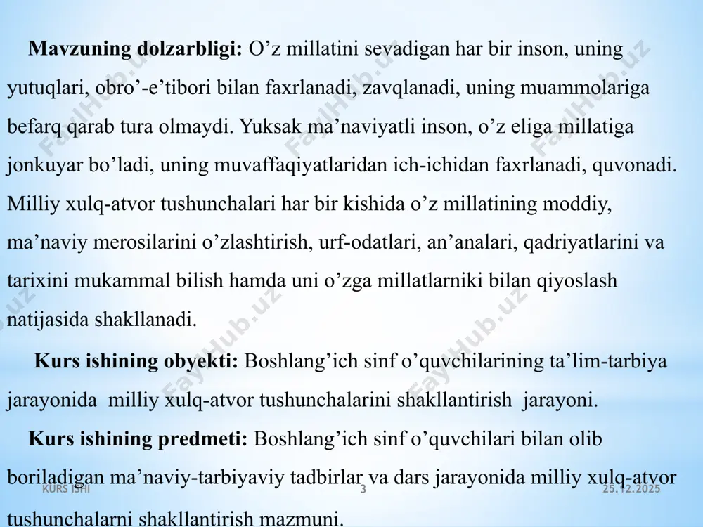 shgan turli millat vakillariga hurmat, ular bilan bahamjixat yashash, diniy bag’ri kenglik, dunyoviy bilimlarga intilish o’zga xalqlarning ilg’or tajribalari va madaniyatini o’rganish kabi xususiyatlar ham xalqiimizda azaldan mujassamdir. xuddi shunday milliy tabiatimizga xos bo’lgan mehr oqibat, muruvvat, andisha, or nomus, sharmu hayo, ibo iffat, betakror fazilatlar va xalqimizni ko’p jixatdan ajratib turadigan bag’rikenglik, mehmon do’stlik oq ko’ngillik xususiyatlari ham xalqimiz tomiriga singib ketgan bugungi kunda farzandlarimizni komil inson qilib tarbiyalashda ushbu masalalarni tarbiya mazmunining bosh g’oyalaridan biri qilib qo’yish lozimdir. 12.03.2023 kurs ishi 8 o’zbekiston jamiyatining milliy istiqlol mafkurasi, o’z mohiyatiga ko’ra xalqimizning asosiy maqsad – muddaolarini ifodalaydigan, uning o’tmishi va kelajagini bir-biri istaklarini amalga oshirishga xizmat qiladigan g’oyalar tizimidir. milliy istiqlol mafkurasi: o’zbekiston respublikasi konstitutsiyasi, milliy va umuminsoniy qadriyatlar, demokratiya tamoyillariga asoslanadi; xalqimizning asrlar davomida shakllangan yuksak ma’naviyati, a’nana va udumlari, ulug’ bobokalonlarimizning o’lmas merosidan oziqlanadi; adolat va haqiqat, erkinlik va mustaqillik g’oyalari hamda xalqimizning ishonch va e’tiqodini aks …
