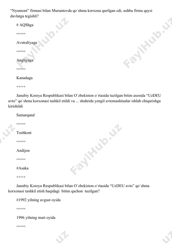 17-yil 29-fevralda ++++ 2017-2021 yillarda o’zbekiston respublikasini rivojlantirishning beshta ustuvor yo’nalishi bo’yicha harakatlar strategiyasining nechanchi ustuvor yo’nalishi “iqtisodiyotni rivojlantirish va liberallashtirishning ustuvor yo’nalishlari” deb nomlanadi? 2 ==== #1 ==== 3 ==== 4 ++++ harakatlar strategiyasiga ko`ra 2017-2021 yillarda jami qancha qiymatli investitsiya loyixasini amalga oshirish rejalashtirilmoqda? 50 mld aqsh dollari. ==== 35 mld aqsh dollari. ==== 55 mld aqsh dollari. ==== #40 mld aqsh dollari ++++ harakatlar strategiyasining “ijtimoiy soxasini rivojlantirish” deb nomlangan 4-chi yunalish buyicha keyingi 5 yilda qishloq joylarda qancha arzon uy joylar qurish rejalashtirilgan? #15 000 arzon uy joylar. ==== 10 000 arzon uy joylar. ==== 12 000 arzon uy joylar. ==== 20 000 arzon uy joylar. ++++ harakatlar strategiyasining 5-chi ustuvor yunalish qanday nomlanadi? # xafsizlik, millatlararo totuvlik va diniy bag`rikenglikni ta’minlash xamda chuqur o`ylangan, o`zaro manfaatni va amaliy tashqi siyosat soxasidagi ustuvor yunalishi. ==== fan soxasidagi ustuvor yunalishi. ==== sog`liqni saqlash soxasidagi ustuvor yunalishi. ==== …