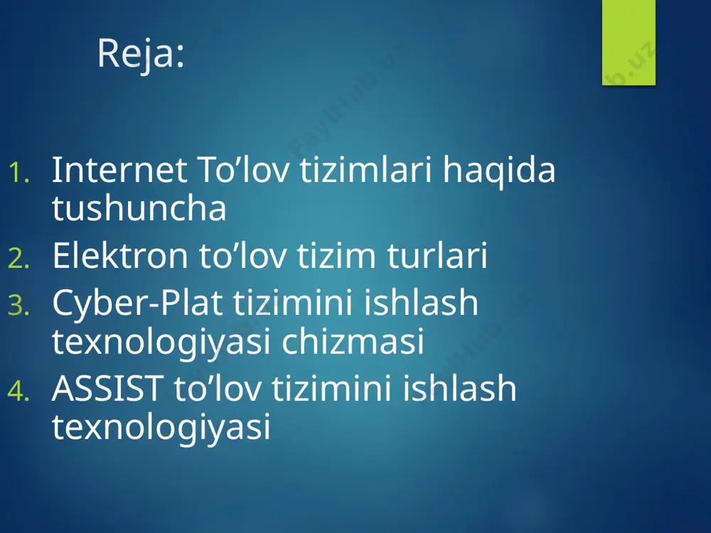 texnologiya moliyaviy tranzaksiyalarni amalga oshirish paytida ularning havfsizligini taminlaydi va to’lov jarayonidagi hatolarni kamaytiradi. cyberplat® tizimida 18 yil faoliyatida turli xil tahdidlar sodir etilgani kuzatilmagan. cyberplat tizimining ishlash tizimi cyberplatpay texnologiyasi plastik kartochka egasiga uni ishlatish huquqini beradi assist to’lov tizimi assist to’lov tizimi 1998 yili aprel oyida ozon proekti asosida reksoft kompaniyasi tomonidan ishga tushirildi. rossiyaning va mdx davlatlarining 80% internet to’lovlarini o’z ichiga oladi assist to’lov tizimi visa/master card/diners int., jcb elektronnie koshelki web-money, yandex.dengi, e-port, credit pilot internet-banking to’lov tizimlari orasida alohida guruh, bu internet banking funktsiyasini bajaruvchi tizim, ya'ni internet orqali bank operatsiyani amalga oshirish hisoblanadi. internet-banking – bankdagi hisob raqamni internet orqali boshqarish imkoniyatini beradigan xizmat. internet banking tizimida samarali ishlash uchun internetga ulangan va internet brouzerga ega kompyuter bo’lishi etarli hisoblanadi. image2.jpeg image3.png image4.png image5.jpeg image6.jpeg image7.png image8.png image9.jpeg image10.jpeg /docprops/thumbnail.jpeg