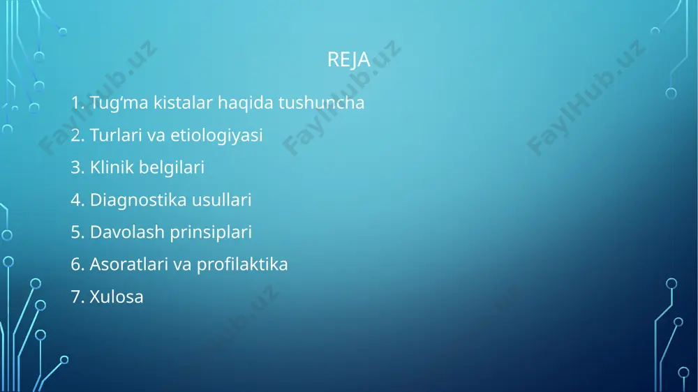 datda oddiy va murakkab bo‘lishi mumkin, suyuqlik to‘planadi, ba’zida polikistoz buyrak kasalligi shaklida uchraydi. jigar kistalari dezmogenetik rivojlanish natijasida yuzaga keladi, asosan simptom bermaydi, lekin o‘lchami kattalashganda jigar faoliyatiga ta’sir qilishi mumkin. kistaning turi va joylashuviga qarab alohida yondashuv talab qilinadi. tuxumdon va boshqa kistalar tuxumdon kistalari qizlarda va ayollarda yaxshi uchraydi. tug‘ma tuxumdon kistalari asosan teratomalar (muayyan to‘qima elementlarini o‘z ichiga oladi) ko‘rinishida bo‘ladi. shuningdek, o‘pka, miya, orqa miya kabi a’zolarda ham tug‘ma kistalar uchrashi mumkin. bu kistalar simptomlari joylashuviga qarab farqlanadi va asosan rivojlanish nuqsonlari bilan yuzaga keladi. klinik belgilari tug‘ma kistalarning klinik belgilari ularning joylashuvi, o‘lchami va rivojlanish bosqichiga bog‘liq. ko‘pchilik kistalar kichik bo‘lganida simptom bermaydi, tasodifan aniqlanadi. kista kattalashganda atrof to‘qimalarga bosim o‘tkazib, og‘riq, shish, disfunktsiya, beqarorlik, ba’zida infeksiya belgilari bilan namoyon bo‘ladi. ayrim hollarda asoratli kistalar yoki yorilganda o‘tkir og‘riq va umumiy holatning buzilishi aniqlanadi. kichik yoshdagi bolalarda klinika kichik yoshdagi bolalarda tug‘ma kistalar tezda …