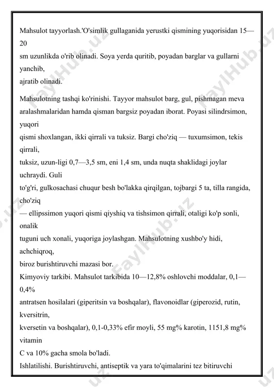 n holida ham) zavodlarga alkaloid olish uchun yuboriladi. mahsulotning tashqi ko'rinishi. tayyor mahsulot poyaning yuqori qismi, shoxlar, barg, gullar va qisman meva aralashmasidan tashkil topgan. quritilmagan mahsulot o'ziga xos yoqimsiz hidga ega. quritilgan mahsulot hidsiz, kulrang yoki biroz sarg'ish-yashil rangli va sho'rroq-achchiqroq mazali bo'ladi. kimyoviy tarkibi. o'simlik ildizida 1,7—3,3%, poyasida 0,23— 3,57%, bargida 1,07-4,96%, gulida 2,82% vaurug'ida 2,33-6,60% gacha alkaloidlar bo'ladi. alkaloidlar yig'indisidan garmalin, garmin (banisterin), garmalol, peganin (vazitsin), dezoksipeganin va boshqa alkaloidlar ajratib olingan. alkaloidlar yig'indisining 50—95% ini (urug'ida) garmalin, 67—74% ini (ildizida) garmin, 78% tini (yerustki qismida) peganin tashkil etadi. urug'ida alkaloidlardan tashqari 14,23% yog' va qizil pigment uchraydi. ishlatilishi. isiriq xalq tabobatida qadimdan tutqanoq (quyonchiq) va boshqa kasalliklarni davolashda ishlatib kelingan. shamollash kasalliklari avj olgan paytlarda isiriq tutuni bilan bemor yotgan xonalarni dezinfeksiya qilingan. ilmiy tibbiyotda isiriqning yerustki qismidan olingan dezoksipeganin gidroxlorid preparati nevrit, miosteniya, miopatiya, yarimshollik va miyaning ba'zi kasalliklarini davolashda ishlatiladi. bundan oldin ilmiy tibbiyotda …