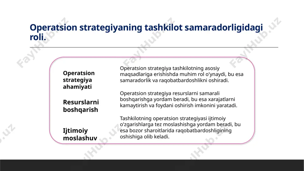 irish operatsion tizimlar uchun asosiy tamoyil bo'lib, tashkilotning maqsadlariga erishish uchun zarur yo'nalishlarni belgilaydi. 2 resurslarni taqsimlash - strategik rejalashtirish samarali resurslarni taqsimlashni ta'minlaydi, bu esa operatsion tizimlarga iqtisodiy va samarali ishlash imkonini beradi. 3 risklarni boshqarish - strategik rejalashtirish risklarni oldindan ko'rish va boshqarish imkonini beradi, bu esa operatsion tizimlarning barqarorligini oshiradi. samaradorlikni oshirishda strategik rejalashtirishning roli. samaradorlikni oshirishda strategik rejalashtirish, tashkilotning maqsad va vazifalarini aniqlashda muhim ahamiyatga ega. bu jarayon orqali resurslarni samarali taqsimlash va operatsion tizimlarni rivojlantirish mumkin. asosiy nuqtalar: - maqsadlarni aniq belgilash - resurslarni optimal boshqarish - raqobatbardoshlikni oshirish tashkilot samaradorligini ta'minlashda strategik yondashuvlar. strategik rejalashtirish resurslarni boshqarish innovatsion yondashuvlar strategik rejalashtirish tashkilotning maqsadlariga erishish uchun zaruriy yo'l xaritasini taqdim etadi, bu esa samaradorlikni oshiradi. samarali resurslarni boshqarish strategik yondashuv orqali amalga oshiriladi, bu esa tashkilotning iqtisodiy va operatsion samaradorligini oshiradi. innovatsion yondashuvlar, yangi texnologiyalar va jarayonlarni joriy etish orqali tashkilot samaradorligini oshiradi, raqobatbardoshlikni kuchaytiradi. …