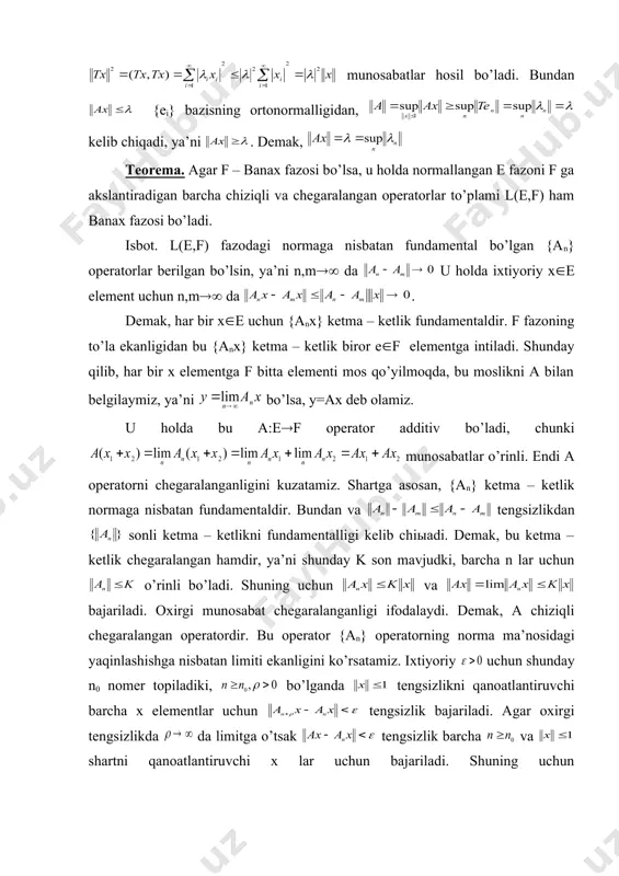 tor {an} operatorning norma ma’nosidagi yaqinlashishga nisbatan limiti ekanligini ko’rsatamiz. ixtiyoriy uchun shunday n0 nomer topiladiki, bo’lganda tengsizlikni qanoatlantiruvchi barcha x elementlar uchun tengsizlik bajariladi. agar oxirgi tengsizlikda da limitga o’tsak tengsizlik barcha va shartni qanoatlantiruvchi x lar uchun bajariladi. shuning uchun tengsizlik bo’lganda o’rinli bo’ladi. demak, . _1259134207.unknown _1259134216.unknown _1259134224.unknown _1259134228.unknown _1259134232.unknown _1259134237.unknown _1260178519.unknown _1260178535.unknown _1260178539.unknown _1260178512.unknown _1259134238.unknown _1259134234.unknown _1259134236.unknown _1259134233.unknown _1259134230.unknown _1259134231.unknown _1259134229.unknown _1259134226.unknown _1259134227.unknown _1259134225.unknown _1259134220.unknown _1259134222.unknown _1259134223.unknown _1259134221.unknown _1259134218.unknown _1259134219.unknown _1259134217.unknown _1259134211.unknown _1259134213.unknown _1259134214.unknown _1259134212.unknown _1259134209.unknown _1259134210.unknown _1259134208.unknown _1258540125.unknown _1259134203.unknown _1259134205.unknown _1259134206.unknown _1259134204.unknown _1258540272.unknown _1259134202.unknown _1258540184.unknown _1258200594.unknown _1258200696.unknown _1258538643.unknown _1258538735.unknown _1258539062.unknown _1258538533.unknown _1258200642.unknown _1149670473.unknown _1258200332.unknown _1149669514.unknown