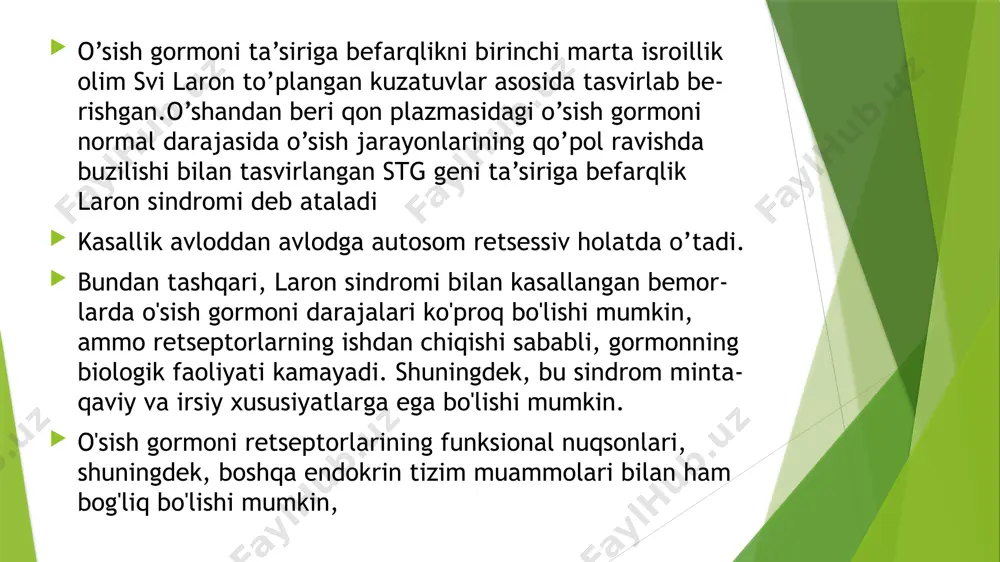 suyak zichligi pasaygan bo'lsa, bisfosfonatlar yoki boshqa osteoporozga qarshi dori-darmonlar tavsiya etilishi mumkin. 4. simptomatik davolash: har xil alomatlarni yengillashtirish uchun simptomatik dorilar (masalan, og'riq qoldiruvchi dori-lar) qo'llanilishi mumkin. davolash rejasi individual tarzda shifokor tomonidan belgila-nishi zarur. laron sindromini davolashda dorilar va ularning dozalarini shifokor belgilaydi, chunki har bir bemor uchun individual ehtiyojlar bo'lishi mumkin. biroq, umumiy tavsiyalar quyi-dagicha: 1. o'sish gormoni (rekombinant o'sish gormoni): doza: odatda 0.1–0.3 mg/kg tana vaznida haftada 2-3 marta in'ektsiya qilinadi. biroq, aniq doza bemorning yoshiga va vazniga qarab farq qilishi mumkin. 2. metformin (agar insulin sezgirligini oshirish zarur bo'lsa): doza: dastlab 500 mg, keyinchalik 1000-2000 mg gacha kuniga ikki marta yoki uch marta. 3. osteoporozga qarshi dorilar (masalan, bisfosfonatlar): doza: ushbu dorilar uchun aniq doza bemorning suyak zichligi va boshqa omillarga bog'liq, shuning uchun shifokor tomonidan belgilanishi kerak. image1.png image2.png image3.png /docprops/thumbnail.jpeg