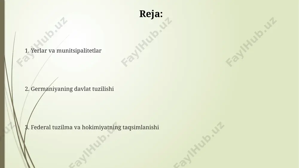 un chiqaruvchi hokimiyati ikki palatali bundestag va bundesratdan iborat bo'lib, ular birgalikda federal qonunlarni qabul qiladilar. bundestag 736 a’zodan iborat bo’lib, to’g’ridan-to’g’ri saylovlar orqali 4 yil muddatga saylanadi va mamlakatdagi xalqning fikrini aks ettiradi. germaniyaning davlat tuzilishi federal kanzler germaniyaning hukumat rahbari hisoblanadi va bundestag (federal parlament) tomonidan saylanadi, 4 yil muddatga ishlaydi. germaniya federal respublika boʻlib, 16 ta yerga (federal shtatlarga) boʻlingan va har bir yer oʻzining konstitutsiyasi va parlamentiga ega. germaniya konstitutsiyasi (grundgesetz) 1949-yilda qabul qilingan va uning asosida parlament demokratiyasi va huquqiy davlat tamoyillari mustahkamlangan. evropa ittifoqida germaniyaning roli germaniya yevropa ittifoqining eng yirik iqtisodiyotlaridan biri bo'lib, yalpi ichki mahsulotining hajmi bo'yicha 2022 yilda taxminan 4 trillion yevroni tashkil etdi va byudjetga katta hissa qo'shadi. germaniya yevropa ittifoqining 27 a'zo davlatidan biri sifatida, uning qarorlar qabul qilish jarayonida, masalan, evropa kengashida, muhim ovozga ega. germaniya yevropa ittifoqining harbiy siyosatiga, xususan, nato doirasida, faol ishtirok etadi va harbiy …