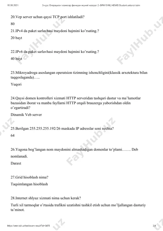 operatsion tizimida chmod 754myfile katalogiga user uchun:o’qish,yozish,bajarish – user group uchun:o’qish,bajarish – other uchun:faqat o’qish huquqi berilgan qatorni toping? chmod 754 myfile 43.qanday turdagi dasturiy ta’minot faqat viruslar bilan kurashadi va fayllar o’zgarishsiz qoldirilgan holda viruslarni yo’qotadi? antivirus dasturiy ta’minoti 44.operatsion tizim xavfsizlik xususiyatlariga ega bo’lishi uchun uning muhiti barcha “shubhali” hodisalarni qayd etishni ta’minlashi kerak.ushbu hodisalarni qayd etish jurnali…… deb nomlanadi audit 45.foydalanuvchi uchun foydali bo’lgan har qanday foydalaniladigan obyekt(uning mavjud bo’lish shaklidan qat’iy nazar),operatsion tizim nuqtai nazaridan qanday nomlanadi? resurslar 46.qanday domen kontrolleri xizmati mijozlardan http so’rovlarini qabul qiladi va ularga http javoblarini beradi,odatda html sahifasi,rasm,media-oqim yoki boshqa ma’lumotlar bilan birga? veb server 47. operatsion tizimda kim tizim jurnalida o’qish,o’zgartirish va tozalash imkoniga ega? tegishli huquqqa ega bo’lgan audit foydalanuvchisi 48.operativ tezkor xotirani virtuallashtirish qanday amalga oshiriladi? operatsion tizim modullari va mikroprotsessor bilan birgalikda 49.barcha dasturlar cheksiz ishlaydigan,ammo hech narsaga erisha olmaydigan vaziyat qanday nomlanadi? ochlik 50.xotira bo’linishi …