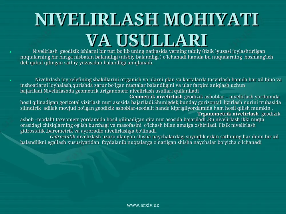 lirlash ac chizig’ning bo’ylama profilini tuzish maqsadida bajarilsa unda 1,2,….. nuqtalar balandligini ham hisoblashga to’g’ri keladi ,yani h1=ha+h1 h2=h1+h2 … (8.12) … … bu formuladan ko’rinishicha 1,2,3,…nuqtalar orqalinivelir yulida balandliklar ketma krt uzatiladi va ular bog’lovchi nuqtalar deyiladi. amaliy ishlarda boshlovchi nuqtalar ko’pincha belgilangan bir xil masofalar(100,40,20m)da olinadi va shuning uchun ular har doim ham joy relefining past-baland nuqtalariga to’g’ri kelavirmaydi .relefning batafsil tasvirlash uchun bu nuqtalar balandligini ham topishga to’g’ri keladi.bunday nuqtalarga oraliq yoki plyuc nuqtalari deyiladi va ular orqali topiladi tik qiya joylarini nivelirlashda ikki qo’shni bog’lovchi nuqtalarni bir stansiyadan nivelirlash imkoni bo’lmaydi www.arxiv.uz www.arxiv.uz ketma ket nivelirlash natijani tekshiriborish uchun har bir stansiyadan reykalarning qora va qizil tomonlari bo’yicha yoki reykalarnig bir tomoni va asbobning ikki gorizontida nivelirlash bajariladi. nivelirlash natijalari maxsus jurnaliga yozib boriladi.bir stansiyada sanoqlar olib bo’lingandan keyin nisbiy balandlik hisoblanadi. buning uchun orqadagi rekadan olingan sanoq ayrilishi kerak. demak bunda nisbiy balandlik ikki marta …