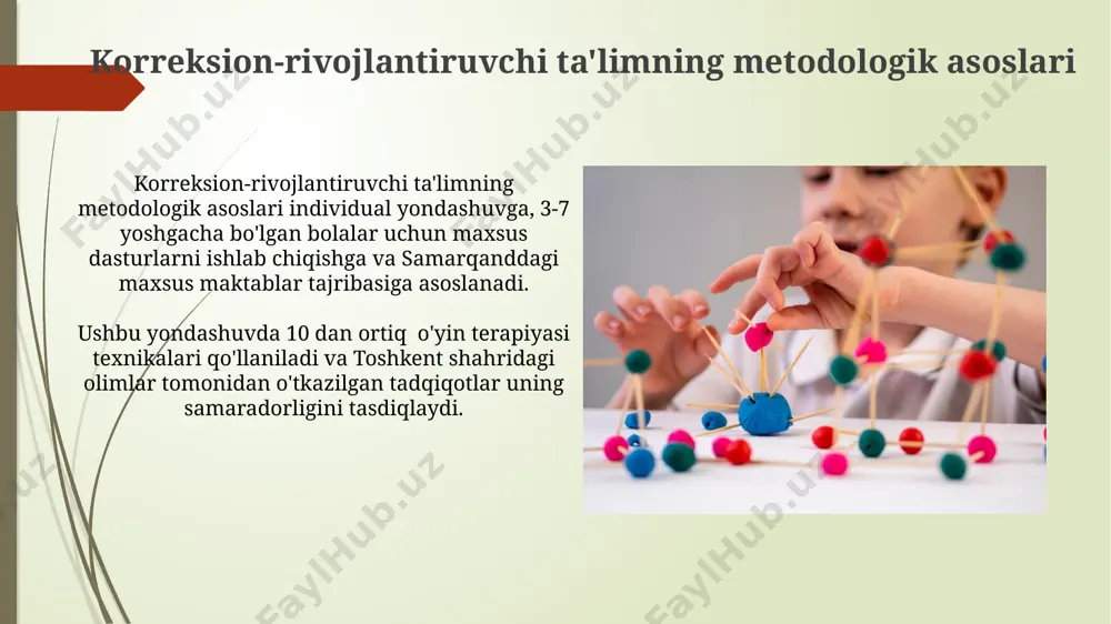 atijalar kuzatildi, bu metodologiyaning takomillashtirilishi zarurligini ko‘rsatadi. 2023-yilgi toshkent shahridagi xalqaro konferensiyada ta’kidlanganidek, miqdoriy va sifatli tadqiqot usullarini birgalikda qo‘llash, natijalar ishonchliligini 15% ga oshiradi. ta'limning individual yondashuvi metodologiyasi individualizatsiyalashgan ta'lim rejalari tuzishda o'quvchining psixofiziologik xususiyatlari, 2-3 ta o'quv faoliyatining xususiyatlari va uning qobiliyatlari inobatga olinib, toshkent shahrida 10 dan ortiq eksperimental tadqiqotlar o'tkazildi. o'zbekistonning 7 ta viloyatida 200 dan ortiq o'qituvchilar bilan o'tkazilgan treninglar natijasida, individual ta'lim yondashuvini qo'llashda samaradorlikni oshirish uchun kamida 4 ta yangi innovatsion uslublar ishlab chiqildi va sinovdan o'tkazildi. inklyuziv ta'limning metodologik xususiyatlari inklyuziv ta'limning metodologik xususiyatlaridan biri, 5-10 yoshli bolalar uchun 2018-yilda toshkent shahrida sinovdan o'tkazilgan, individuallashtirilgan o'quv rejalarini ishlab chiqish va qo'llashni o'z ichiga oladi. o'zbekistonning inklyuziv ta'lim tizimida, kamida 25% o'quvchilarning ehtiyojlarini qondirish uchun differensial ta'lim yondashuvi, 3 ta asosiy o'quv uslubi va xalqaro standartlarga muvofiq baholash tizimidan foydalaniladi. psixologik diagnostika va baholash metodlari ўзбекистон республикасидаги махсус коррекцион мактабларда, хусусан, самарқанд вилоятида, …
