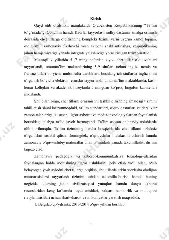 n talablariga, xususan, ilg‘or axborot va media-texnologiyalardan foydalanish borasidagi talabga to‘liq javob bermayapti. ta’lim asosan an’anaviy uslublarda olib borilmoqda. ta’lim tizimining barcha bosqichlarida chet tillarni uzluksiz o‘rganishni tashkil qilish, shuningdek, o‘qituvchilar malakasini oshirish hamda zamonaviy o‘quv-uslubiy materiallar bilan ta’minlash yanada takomillashtirilishini taqozo etadi. zamonaviy pedagogik va axborot-kommunikatsiya texnologiyalaridan foydalangan holda o‘qitishning ilg‘or uslublarini joriy etish yo‘li bilan, o‘sib kelayotgan yosh avlodni chet tillarga o‘qitish, shu tillarda erkin so‘zlasha oladigan mutaxassislarni tayyorlash tizimini tubdan takomillashtirish hamda buning negizida, ularning jahon sivilizatsiyasi yutuqlari hamda dunyo axborot resurslaridan keng ko‘lamda foydalanishlari, xalqaro hamkorlik va muloqotni rivojlantirishlari uchun shart-sharoit va imkoniyatlar yaratish maqsadida: 1. belgilab qo‘yilsinki, 2013/2014 o‘quv yilidan boshlab: respublikaning barcha hududida chet tillarni, asosan, ingliz tilini o‘rganish umumta’lim maktablarining birinchi sinflaridan o‘yin tarzidagi darslar va og‘zaki nutq darslari shaklida, ikkinchi sinfdan boshlab esa, alifbo, o‘qish va grammatikani o‘zlashtirishdan bosqichma-bosqich boshlanadi; oliy o‘quv yurtlarida ayrim maxsus fanlarni, xususan, texnik va xalqaro mutaxassisliklar bo‘yicha …