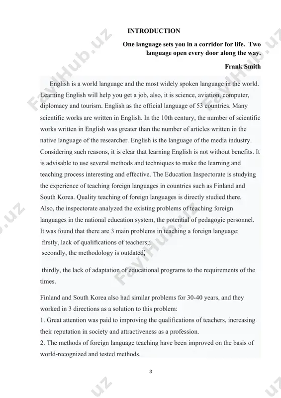 the goethe institute, the french alliance, koica, jaica and the non-governmental sector in this process. 2. introduction of private sector experience to training institutes and schools. in particular, it is recommended to use internationally recognized language teaching programs, to use game-based language teaching methods, to improve the ability to use software that allows independent language learning. in addition, the private sector, presidential schools and finland's experience in foreign language teaching should be widely disseminated and private sector services should be made affordable. the reason is that in some places, the private sector is doing what the state educational institutions could not do efficiently and with high quality. as our president noted, it is possible to organize foreign language training courses in educational institutions for pupils - students and teachers, even on the basis of a contract. the methodology of teaching english in schools is almost always the same and is …