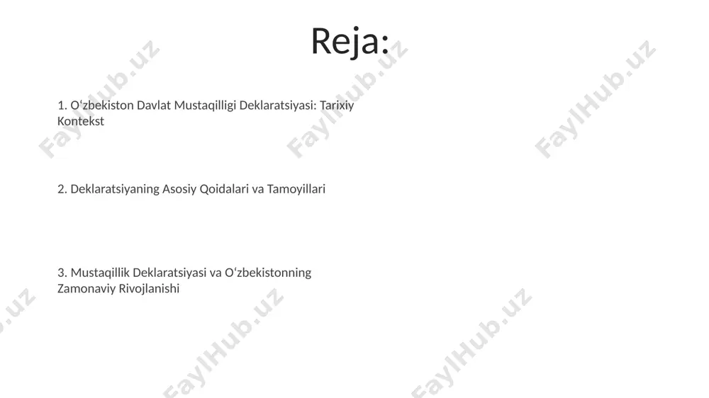 iy g'oya" tamoyili doirasida 5 ta asosiy yo'nalish – mustaqillik, tinchlik, taraqqiyot, adolat va milliy birlik – madaniy va ma'naviy qadriyatlarni shakllantirishda muhim rol o'ynaydi. mustaqillikka olib boruvchi yoʻl “mustaqillikka olib boruvchi yoʻl”da 1986-1991 yillar davomida oʻzbekiston kommunistik partiyasi ichidagi milliy ozodlik harakatining kuchayishi tasvirlangan, bu davrda bir necha muhim siyosiy voqealar yuz bergan. asarda, 1991-yil 31-avgustda mustaqillik deklaratsiyasi qabul qilinishiga olib kelgan omillar va xalqaro maydonda oʻzbekistonning yangi suverenitetini tan olish jarayonining muhim bosqichlari batafsil bayon etilgan. fuqarolik jamiyati rivojlanishi fuqarolik jamiyati rivojiga 1992-yilda qabul qilingan "fuqarolik jamiyati tashkilotlari to‘g‘risida"gi qonun asos bo‘lib xizmat qildi va 500 dan ortiq notijorat tashkilotlarning ro‘yxatdan o‘tishini ta’minladi. davlat mustaqilligi e’lon qilinganidan keyin fuqarolik jamiyati institutlarining 30 dan ortiq tashkil topishi, demokratik islohotlarning muhim ko‘rsatkichi bo‘ldi. tashqi siyosat mustaqilligi davlat mustaqilligining dastlabki yillarida o'zbekistonning tashqi siyosati, bmt kabi xalqaro tashkilotlarga a'zo bo'lish orqali, milliy manfaatlarni himoya qilish va xalqaro hamjamiyatdagi o'rnini mustahkamlashga qaratildi. …