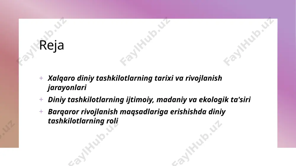 h davrida diniy xususiyatlar, imperiyalar va savdo yo‘llari diniy tashkilotlarning shakllanishiga katta ta’sir ko‘rsatgan, ular global madaniyatlarni birlashtirgan. 2 ijtimoiy sharoitlar jamiyatlarning iqtisodiy, siyosiy va madaniy sharoitlari diniy tashkilotlarning rolini belgilab, ularning ijtimoiy muvofiqlashtiruvchi va tarbiyaviy funksiyalarini kuchaytirgan. 3 ta’lim va madaniyat diniy tashkilotlar ta’lim va madaniyat sohasida rivojlanishda muhim rol o‘ynab, diniy qadriyatlarni saqlab qolish va avlodlarga yetkazishda muhim vositadir. 4 siyosiy omillar siyosiy hokimiyatlarning diniy institutlar bilan munosabati tashkilotlarning shakllanishiga ta’sir qilgan, ular ijtimoiy nazorat va siyosiy barqarorlik uchun ishlatilgan. diniy tashkilotlarning tarixiy rivojlanishi va ularning global miqyosdagi o‘zgarishlari. diniy tashkilotlarning boshlanishi diniy tashkilotlar insoniyat tarixida qadim zamonlardan boshlab mavjud bo‘lib, ular diniy e'tiqod, marosimlar va odatlarni tartibga solish uchun tashkil etilgan. tarixiy rivojlanish bosqichlari diniy tashkilotlar rivojlanishi davomida muqaddas matnlar, diniy liderlar va jamiyat uchun muhim marosimlar shakllandi, yangi dinlar va yo‘nalishlar paydo bo‘ldi. global miqyosdagi o‘zgarishlar global miqyosda diniy tashkilotlar o‘z ta’sirini kengaytirib, siyosiy, madaniy va …