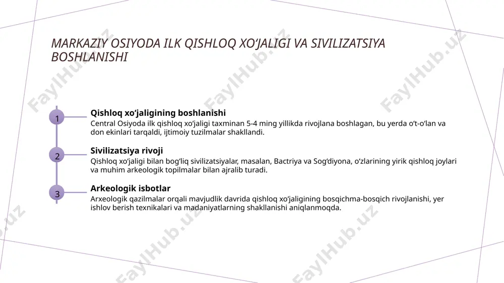 , muhim inshootlar va hukmronlik tizimlarining ilk shakllari yuzaga chiqdi, bu esa davlat tuzilmalarining rivojlanishini ko'rsatadi. 3 qurilish texnologiyalari - xarobalarda aniqlangan qurilish qoldiqlari, dastlabki texnologiyalar va materiallar bilan bog‘liq bo‘lib, ular zamonaviy davlat qurilishining asosiy bosqichlarini tashkil etdi. baqtriya madaniyati va davlat tashkilotlarining rivojlanish jarayoni. 01 baqtriya madaniyati baqtriya madaniyati, o'zining boyliklari va sivilizatsiya rivojlanishi bilan ajralib turadi. bu yerda yozuvlar, hunarmandchilik va diniy e'tiqodlar paydo bo'ldi. 02 davlat tuzilmalari baqtriyada davlat tuzilmalari mustahkamlanib, markaziy hokimiyat va qishloq xoʻjaligi asosida tashkil etila boshladi. bu jarayon hukmronlik va ijtimoiy tartibni ta'minladi. 03 arxeologik topilmalar arxeologik qazilmalarda topilgan savdo markazlari va yodgorliklar, baqtriya madaniyatining rivojlanishi va davlatlarning tashkil topishini ko'rsatadi. bu topilmalar tarixni chuqur o'rganishga yordam beradi. soʻgʻdiyona hududida arkeologik topilmalar va davlat belgilarining shakllanishi. maqbaralar va qoyaltilar soʻgʻdiyona hududida topilgan maqbaralar va qoyaltilar, dastlabki diniy va sirli madaniy anʼanalarni, shuningdek, muhim sivilizatsiya markazlarini ko'rsatadi. bu topilmalar davlatlararo aloqalar va ijtimoiy …