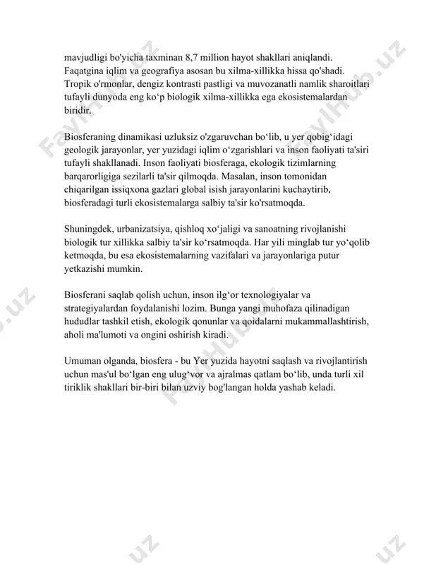 bo'ldik. evolyutsiya biologiyaning asosiy prinsiplaridan biri bo'lib, zamonaviy biologik ilm-fanning rivojlanishida katta ahamiyatga ega. ilmiy tadqiqotchilar evolyutsiyani o'rganishda dnk tadqiqotlari va molekulyar biologiyaga ko'p vaqt sarflab, struktura, funksiya, hamda genetik o'zgarishlarni batafsil o'rganmoqda. yangi texnologiyalar orqali inson evolyutsiyasi va umuman yerdagi hayot shakllanishidagi bosqichlarni yanada chuqurroq o'rganish imkoniyati yaratilayotir. qisqasi, evolyutsiyaning ahamiyati biologiyada va jamiyatda keng o'rin egallab, insoniyat uchun kelajakda ham dolzarb bo'lib qolmoqda. 3. noosferaning shakllanishi noosferaning shakllanishi mavzusi bugungi kunda dolzarb va keng muhokama qilinadigan masalalardan biridir. bu tushuncha ilk bor rus biolog va manfaat filialining arbobi vladimir ivanovich vernadskiy tomonidan o‘rtaga tashlangan. u noosferani, ya'ni aql-sfera, inson aql-idroki va ilm-fan yutuqlarining biosferaga ta’siri sifatida ta’riflagan. bu konsepsiya bir necha jihatlarda muhim o‘rin tutadi, chunki u bizning munosabatlarimizni, texnologik taraqqiyotimizni hamda ekologiyaga bo‘lgan ta’sirimizni chuqurroq anglash imkonini beradi. noosfera terminiga asoslangan yana bir qator muhim tushunchalar mavjud. masalan, biotexnosfera- bu inson tomonidan yaratilgan texnosfera va tabiatidagi boshqa …