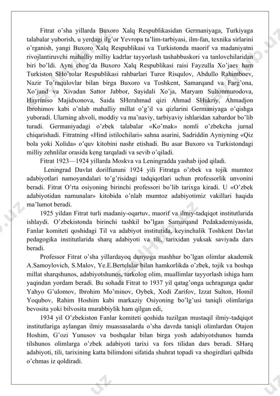 radi. 1913 yil 4 yillik o’qishdan so’ng fitrat ilg’or qarashlar bilan turkiyadan buxoroga qaytib keladi. u endi faqat ma’rifat va madaniyat tarqatish g’oyasi bilangina yashay olmasdi. endi uning jadidlar harakatidagi siyosiy jihatdan aralashuvi faollashadi. fitrat 1916 yili «oila» nomli falsafiy asarini yozadi. bu asar fors tilida yozilib, s.ayniyning aytishicha mirza abdulvohidning xarajatlari hisobidan nashr etiladi. asarda oilaviy hayotning islohotidan bahs yuritilib, adib najot yo’llarini axtaradi. 1917 yili esa bokudagi maorifchi do’stlari yordamida o’zining ibtidoiy maktablarning so’nggi sinflari uchun mo’ljallab yozilgan, o’zbek tilidagi «o’quv» nomli kitobini nashr ettiradi. bu kitob o’sha yillarda buxorodagina emas, samarqand, toshkentda ham m.behbudiy, munavvarqori abdurashidxonov o’quv kitoblari singari yangi usul maktablari uchun juda kerakli tarbiya kitobi bo’lib qolgan edi. abdurauf fitrat o’zining ma’rifatparvarlik yo’lini keyin ham davom ettirib boradi. u boshqa ma’rifatparvar yozuvchilar: vasliy, behbudiy, siddiqiy, s.alizoda, hoji mo’yin kabi o’zbek va tojik ziyolilari bilan hamkorlikda samarqandda «hurriyat» gazetasida ishlaydi, gazetaga muharrirlik qiladi (gazeta 1917 y. …