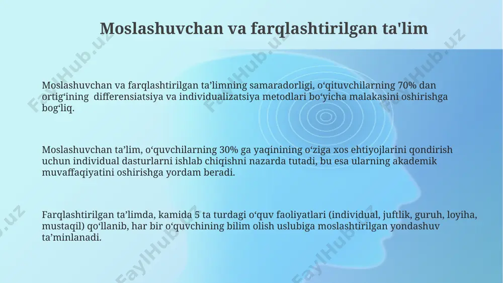 suli (masalan, psixologik, pedagogik, tibbiy) qo'llanilishi va natijalarni taqqoslash muhim. baholash va monitoring individual qo‘llab-quvvatlashning samaradorligini oshirish uchun monitoring ma'lumotlarini tahlil qilish va 2 hafta ichida tegishli tuzatishlar kiritish muhim. baholash jarayonida talabalarning individual ehtiyojlarini aniqlash uchun kamida 3 xil baholash usuli (sinov, kuzatish, portfel) qo‘llanilishi kerak. monitoring davomida kamida har 6 oyda bir marta talabaning ta'limdagi taraqqiyoti va individual qo‘llab-quvvatlash rejasining samaradorligi baholanishi zarur. individual qo'llab-quvvatlashning ahamiyati individual qo'llab-quvvatlash, inklyuziv ta'limning samaradorligini 40% ga oshirib, ijtimoiy moslashuv va teng imkoniyatlarni ta'minlaydi. individual qo'llab-quvvatlash o'quvchilarning 80% gacha bo'lgan qismini o'qishdagi qiyinchiliklarini yengishga yordam beradi, bu esa akademik muvaffaqiyatga va o'ziga ishonchning o'sishiga olib keladi. individual yondashuv, o'quvchining o'ziga xos ehtiyojlarini hisobga olgan holda, kamida 2-3 marta yuqoriroq o'qish natijalariga erishish imkonini beradi. o'qituvchilarning roli va mas'uliyati inklyuziv ta'limda muvaffaqiyatga erishish uchun o'qituvchilar o'zlarining professional rivojlanishida kamida yiliga 10 soatni inklyuziv ta'limga bag'ishlashi zarur. o'qituvchilar kamida 5 xil differensiatsiya uslublarini qo'llab, …
