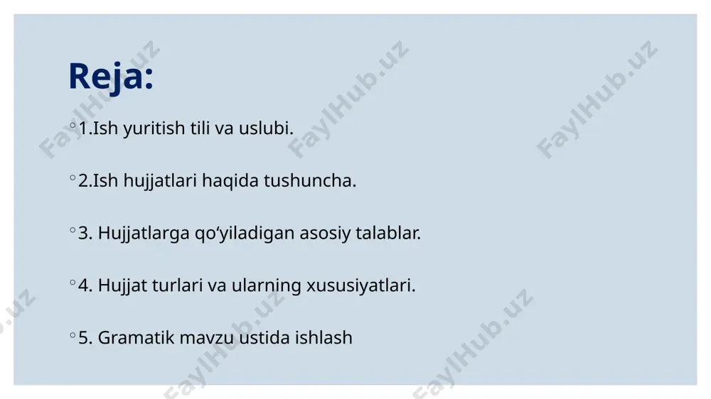xizmatchi va yuqori mansabdor shaxs — jamiyatning barcha a’zosi ariza yozishdan holi emas. ariza yozuvchilarning yoshi va ijtimoiy vazifasi turlicha ekan, ariza yo'llanayotgan muassasalar va idoralar ham xilma — xildir. hajm, uslub va turidan qat’i nazar, ariza o‘zining umumiy zaruriy qismlariga ega. arizalar sodda murakkab murakkab ariza matni katta bo‘lishi bilan birga, unga ilovalar qilinadigan turlari ham uchraydi. arizalar aksar hollarda shaxsiy xususiyatga egadir. shu bilan birga, xizmat arizalari ham bo‘ladi xizmat arizasi—fuqarolar yoki tashkilotlarning o‘z huquqlarini amalga oshirish yoki manfaatlarini himoya qilish yuzasidan yozma axborotlar hisoblanadi. da’vo arizalari ana shunday arizalardandir. gramatik mavzu sintaksis o'zbek tili fanining bir bo'limi bo'lib, uning o'rganish obyekti so'zlarning o'zaro teng va tobe bog‘- lanish usullari, gap va uning qurilishi, turlari hisoblanadi. sintaktik vositalar so'zlarni o'zaro bog'lash uchun xizmat qiladi. * bog'lovchilar: anor va uzum * ko'makchilar: ona kabi aziz * yuklamalar: keldi-yu ketdi * egalik va kelishik shakllari:oshning tuzi * ohang va tartib: …
