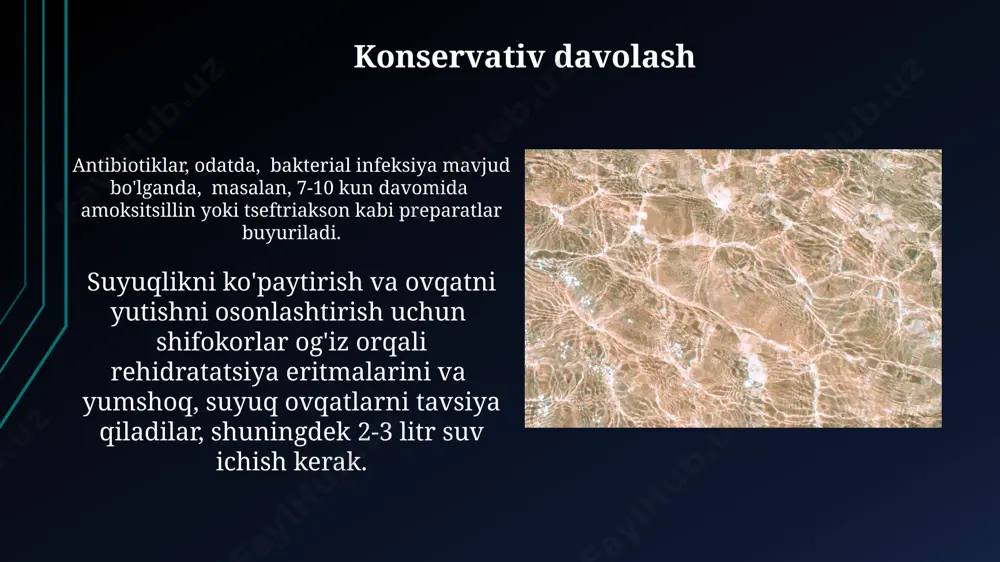 retrofarengeal flegmonada jarrohlik aralashuv shoshilinch bo'lib, traxeyostomiya yoki faringotomiya 1-2 soat ichida amalga oshiriladi, keyinchalik intensiv terapiya o'tkaziladi. retrofarengeal bo'shliqning bo'linmalari retrofarengeal bo'shliq ikkita asosiy qismga: prevertebral va retrovertebral bo'shliqlarga bo'linadi, ular orasida fasial to'qimalar va vertebra tanalari joylashgan. prevertebral fassiyaning uzunlamasına joylashuvi retrofarengeal bo'shliqning vertebral ustun atrofidagi anatomik tuzilmalar bilan o'zaro ta'sirini aniqlaydi, bu 2-7 mm gacha bo'lishi mumkin. tashxis qo'yish usullari perifarengeal va retrofarengeal bo'shliqlardagi abstsesslarni aniqlashda klinik ko'rinish (isitma, og'riq, yutish qiyinchiliklari) bilan birga, 80% holatlarda rentgenografiya yordamida yumshoq to'qimalarning shishishi va havo yo'llarining torayishi aniqlanadi. magnit-rezonans tomografiya (mrt) yumshoq to'qimalarning batafsil tasvirini beradi va abstsess tarkibini ( suyuqlik, qon, yiring) aniqlash imkonini beradi, bu esa davolash taktikasini rejalashtirishda muhim rol o'ynaydi. e'tiboringiz uchun rahmat @taqdimot_robot image1.jpg image2.jpg image3.jpg image4.jpg image5.jpg image6.jpg image7.jpg image8.jpg image9.jpg image10.jpg image11.jpg image12.jpg image13.jpg image14.jpg image15.jpg image16.jpg image17.jpg