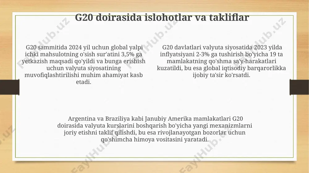al iqtisodiy tiklanishni qo'llab-quvvatlashda sezilarli darajada oshdi. 2023-yil g20 sammitida dunyo iqtisodiyoti muammolarini hal qilish uchun 19 mamlakat va yevropa ittifoqining qo'shma harakatlari muhokama qilindi, pul-kredit siyosati koordinatsiyasi masalalari alohida e'tiborga olindi. xitoy, aqsh va germaniya kabi yirik g20 a'zolari global yalpi ichki mahsulotning katta qismini tashkil etib, dunyo iqtisodiyotiga kuchli ta'sir ko'rsatadi va g20 ning qarorlari jahon bozorlariga sezilarli ta'sir ko'rsatadi. valyuta kurslarining barqarorligi xitoyning markaziy banki 2024 yil uchun valyuta kursi barqarorligini ta’minlash uchun 100 milliard dollarlik rezervlarni saqlab qolishni rejalashtirmoqda, bu global bozordagi noaniqliklarga qarshi turishga yordam beradi. g20 davlatlari orasida 2022 yilda valyuta kursi barqarorligini ta’minlash bo‘yicha 15 ta mamlakat o‘z milliy valyutalarini boshqarishda muvaffaqiyatli natijalarga erishgan, shu jumladan, aqsh dollari va yevroga nisbatan. hindistonning valyuta siyosati 2023 yilning birinchi choragida inflyatsiyani 4% darajasida ushlab turishga qaratilgan bo‘lib, bu mamlakat iqtisodiyotining barqaror o‘sishini ta’minlashga yordam beradi. valyuta siyosati vositalari argentina singari g20 a'zosi bo'lgan ba'zi mamlakatlarda, …