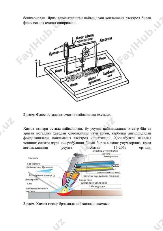 иги сабабли секин совуйди, натижада газ ғоваклари ва шалакдан яхши тозаланади. бошқа пайвандлаш усулларига нисбатан чоклар мустаҳкамлиги ва тозалиги билан фарқланади ҳамда пайвандлаш тезлиги юқори бўлади. чокда кислород ва азот каби зарарли аралашмаларнинг миқдори жуда кам бўлади. камчилиги: вертикал ҳолатда, шиплардава эркин ҳаракатланиш чекланган жойларда жойлашган чокларни ҳосил қилишда қўллаб бўлмайди. ярим автоматлашган пайвандлаш. бундай пайвандлашда махсус барабандан механизациялашган усулда электрод сими узлуксиз узатилади, электр ёйи ҳосил қиладиган мослама эса қўлда бошқарилади. ярим автоматлашган пайвандлаш қопламасиз электрод билан флюс остида амалга оширилади. 2-расм. флюс остида автоматик пайвандлаш схемаси. ҳимоя газлари остида пайвандлаш. бу усулда пайвандлашда электр ёйи ва эриган металлни ҳаводан ҳимояқилиш учун аргон, карбонат ангидридидан фойдаланилади, қопламасиз электрод ишлатилади. ҳосилбўлган пайванд чокнинг сифати жуда юқорибўлиши билан бирга меҳнат унумдорлиги ярим автоматлашган усулга нисбатан 15-20% ортади. 3-расм. ҳимоя газлар ёрдамида пайвандлаш схемаси газ алангаси билан пайвандлаш.қурилиш конструкцияларини пайвандлаш, кесиш ва таъмирлаш ишларида газ алангасидан фойдаланиш ҳам кенг жорий этилган. бу …
