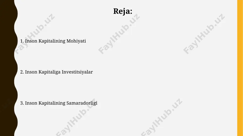 ish etadi. inson kapitalini boshqarish o'zbekistonda 2022-yilgi hisobotlarga ko'ra, it sohasida 5000 dan ortiq malakali mutaxassis yetishmayapti, bu inson kapitalini samarali boshqarishning muhim muammosi hisoblanadi. inson kapitalini boshqarishda, masalan, singapurdagi kompaniyalar 2023-yilda o'rtacha 15% xodimlarni o'qitish va rivojlantirishga sarflashgan, bu esa ish unumdorligini 10% ga oshirgan. inson kapitalining o'lchovlari 2022-yilgi jahon bankining ma’lumotlariga ko'ra, o'zbekistondagi inson kapitalining boyligi 65 yoshgacha bo'lgan aholi sonining 60%ini tashkil etadi va bu ko'rsatkich iqtisodiy o'sish sur'atlariga bevosita ta’sir qiladi. xalqaro mehnat tashkiloti (xmt)ning hisobotlariga asosan, 2021 yilda o'zbekistonda aholi jon boshiga to'g'ri keladigan inson kapitalining qiymati 3000 aqsh dollaridan oshdi, bu mintaqadagi o'rtacha ko'rsatkichdan yuqori. inson kapitali va davlat siyosati ўзбекистон 2022 йилги давлат бюджетида инсон капиталини ривожлантиришга 15 триллион сўмдан ортиқ маблағ ажратди, бу таълим ва соғлиқни сақлаш тизимларини модернизациялашга йўналтирилган. жаҳон банкининг 2023 йилги ҳисоботига кўра, ўзбекистондаги касб-ҳунар таълими тизимининг 30% дан ортиғи замонавий стандартларга жавоб бермайди, бу инсон капитали ривожланишига тўсиқ …