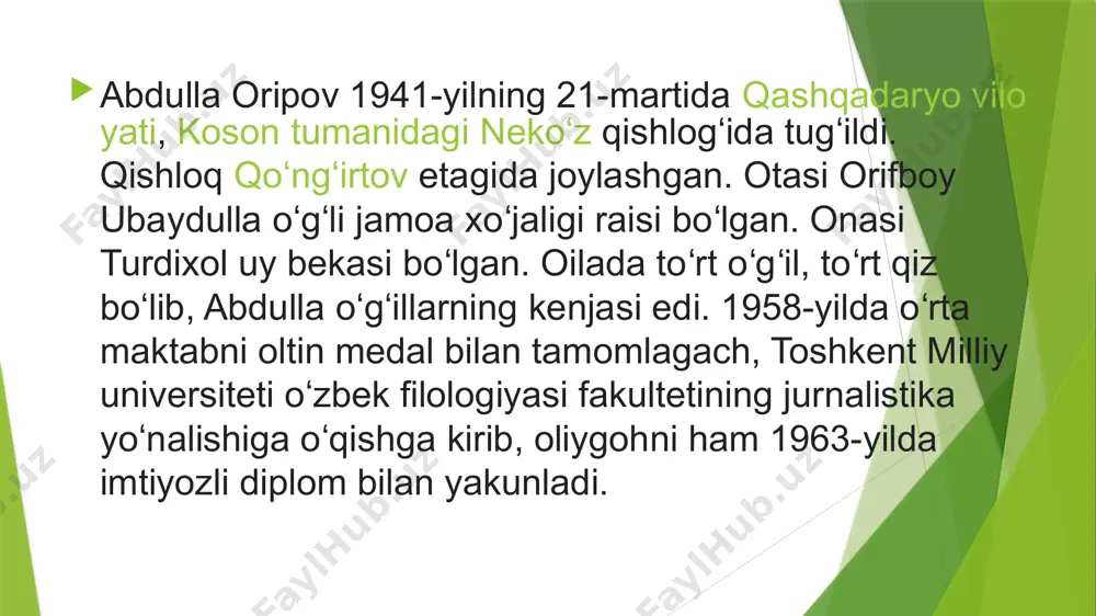 bekiston qahramoni, xalq shoiri abdulla oripov hayoti va ijodiga oid film ishlash haqida kinochilarimizga alohida topshiriq bergani bu fikrlarning yana bir amaliy tasdig‘i bo‘ldi. davlatimiz rahbari: "men u insonni yaxshi tanirdim, ko‘p hamsuhbat bo‘lganman. bitta she’r yozish uchun o‘nta kitob o‘qirdilar. "kolumbda bor alamim manim, o‘zbekiston vatanim manim!" degan o‘tli satrlar bekorga tug‘ilmagan", deya ta’kidladi. abdulla oripov haqidagi filmda, prezidentimiz uqtirganidek, "abdulla akaning toshkentga borgani, qiyinchiliklar ko‘rgani, shunga qaramay ijodidan chekinmagani ko‘rsatib berilishi kerak. film oxirida abdulla oripov timsoli yoshlarga murojaat qilsin". mutasaddilarga filmni xalqimizga taqdim etish uchun bir yil muddat berildi. uchinchi tomondan, yangi o‘zbekistonning uchinchi renessans sari dadil odimlashida ulkan ahamiyatga ega ustuvor xususiyatlar hisoblanuvchi kitobxonlik va ma’rifatparvarlikni har tomonlama rag‘batlantirishga chorlamoqda. prezident shavkat mirziyoev o‘zbekiston qahramoni, xalq shoiri abdulla oripov hayoti va ijodiga oid film ishlash haqida kinochilarimizga alohida topshiriq bergani bu fikrlarning yana bir amaliy tasdig‘i bo‘ldi. davlatimiz rahbari: "men u insonni yaxshi tanirdim, ko‘p hamsuhbat …