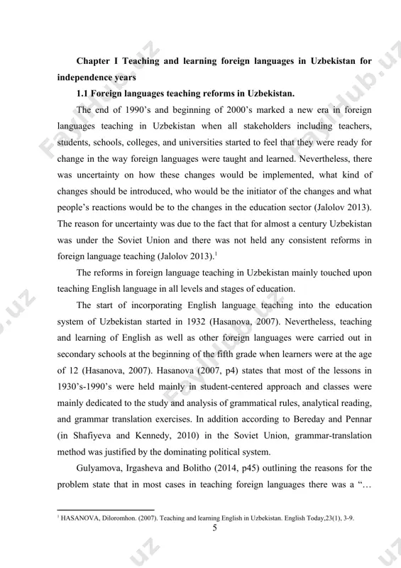 s been paid to the reforms in education sector, especially in the area of teaching and learning foreign languages (jalolov 2013). however, foreign language teaching methods and approaches remained the same as in soviet era for at least two decades. according to hasanova (2008) foreign language teachers, especially english teachers were exposed to modern approaches to elt as communicative language teaching in the early 1990’s. however, “continued lack of financial support and insufficient teacher training made clt more a topic of discussion rather than an approach being implemented in many uzbek classrooms” (hasanova 2008, p139). proach being implemented in many uzbek classrooms” (hasanova 2008, p139). in the beginning of 2000’s there was launched an extensive baseline study which covered all 12 regions of uzbekistan. the baseline study aimed at defining areas in english language teaching as well as teaching other foreign languages that needed to be reformed. the baseline study …