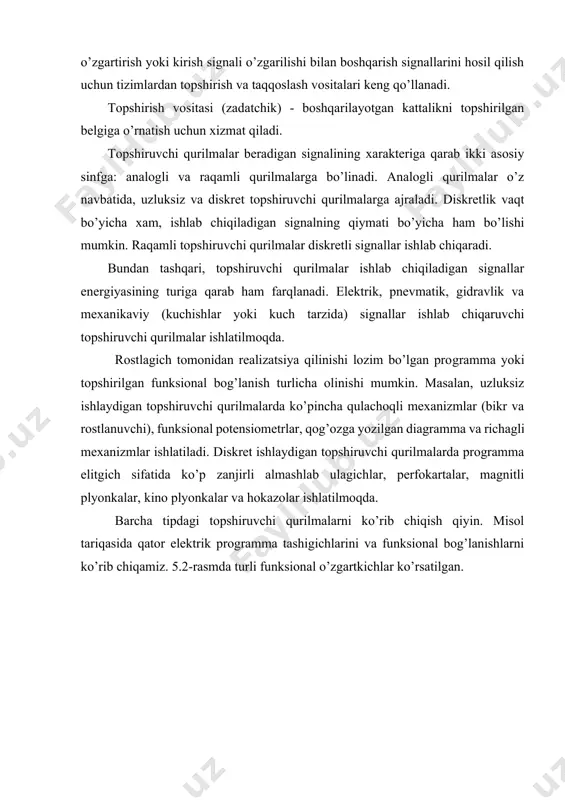 metr karkasining diametri; -- polzunchanipg burilish burchagi; d —o’ram simining diametri; r — o’ram simining uzunlik birligidagi qarshiligi; b — karkasning qalinligi. ko’pchilik hollarda karkasning qalinligi va simning diametri karkasning balandligiga nisbatan kichikligi hisobga olinsa, u holda quyidagicha yozish mumkin. l d dr l----- .----- .------ (5.2) d r d profilli reostatlarning asosiy kamchiliklari shundaki, karkasga simni o’rash qiyin va potensiometrni almashtirmasdan turib, funksional bog’lanishni o’zgartirib bo’lmaydi. shuning uchun ko’pincha poranali profilli reostatlar yoki tarmoqlarining o’rtasiga qo’shimcha rezistorlar kavsharlangan potensiometrlar ishlatiladi. bunday potensiometrlar faqat nagruzka qarshiligi potensiometrning qarshiligidan 100 va bundan ko’p marta ortiq bo’lgan sxemalarda ishlatilishi mumkin. programma tashigich sifatida, aytib o’tilganidek, perforatsiyalangan lenta (5.3- rasm) xam ishlatilishi mumkin. birinchi holda (5,3 a-rasm) asosiy perforatsiya teshigining uzunligi ish vaqtining davom etishiga mos keladi, ish vaqti esa fotoelementni yoritish vaqtiga bog’liq; bo’ylama qatordagi yondosh teshiklar o’rtasidagi masofa ish bajarilmaydigan vaqtning davom etishiga to’g’ri keladi. ikkinchi u h (5 3, b-rasm) …