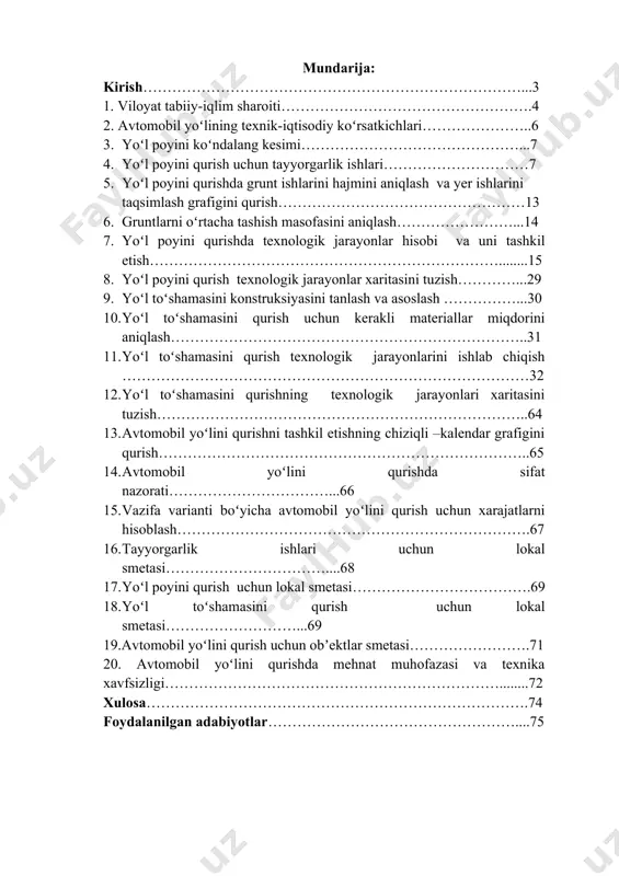 gʻrisida”gi qarorlarni ijrosini taʼminlashda respublikamizdagi mavjud avtomobil yoʻllarini qayta qurish va ularni ishlatishga yuqori sifatli talab koʻrsatkichlarini taʼminlash uchun ilmiy asoslangan texnologik jarayonlar va ilgʻor ish uslublari talab etiladi. xorazm viloyat tabiiy – iqlim sharoiti xorazm viloyati: oʻzbekiston respublikasi tarkibidagi viloyat. respublikaning shimoli - gʻarbida, amudaryo quyi oqimining chap sohilida. shimoliy va shimoli-sharqdan qoraqalpogʻiston respublikasi, janubiy va janubi -gʻarbdan turkmaniston, janubi - sharqdan buxoro viloyati bilan chegaradosh. tarkibida qishloq tuman (bogʻot, gurlan, urganch, xiva, xonqa, shovot, yangiariq, yangibozor, qoʻshkoʻpir, hazorasp va tuproqqalʼa), shahar (urganch, xiva, pitnak), shaharcha (gurlan, xonqa, chalish, shovot, yangibozor, qoʻshkoʻpir, hazorasp), 100 qishloq fuqarolari yigʻini bor. viloyat 11ta tumanga ajratilgan, maʼmuriy markazi - urganch shahri. viloyatning boshqa katta shaharlari - xiva va pitnak. tabiati: iqlimi keskin kontinental, oʻrtamiyona sovuq qish va quruq issiq yoz boʻladi. viloyat choʻl zonasida, xorazm vohasining gʻarbiy qismida, oʻrtacha 100 m balandlikda joylashgan. relyefi pasttekislikdan iborat. amudaryo qadimgi deltasining bir qismi boʻlib, daryo …