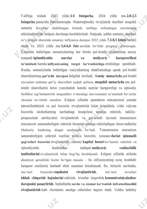 kutilmoqda. makroiqtisodiy rivojlanishning muqobil ssenariysi shartlari sifatida jahonda pandemiya bilan bog‘liq vaziyatning keskinligicha qolishi sababli tashqi sharoitlarning noqulay shakllanishi va iqtisodiy faollikni pasayishi kabi ehtimollar asos qilib olingan. ushbu ssenariy bo‘yicha yalpi ichki mahsulot hajmining real o‘sishi 2022 yilda 3-4 foiz atrofida bo‘lishi mumkin. vaziyatning normal fazaga o‘tishi bilan 2023 yildan iqtisodiy faollik va yalpi talabning tiklanishi kuzatilib, 2023 yilda 4,8-5,8 foizni va 2024 yilda 5,5-6,5 foizni tashkil etishi taxmin qilinmoqda. bunda, ichki iqtisodiy faollikni qo‘llab- quvvatlash uchun 2022 yilda ham fiskal rag‘batlantirishlar davom ettiriladi va umumiy fiskal taqchillikning yaimga nisbati 4-5 foiz atrofida bo‘lishini taqozo etishi mumkin. fiskal konsolidatsiya 2023 yildan boshlanib, fiskal taqchillikning yaimga nisbati 2023 yilda 3-4 foizgacha, 2024 yilda esa 2,0-2,5 foizgacha pasayishi baholanmoqda. makroiqtisodiy rivojlanish shartlari muqobil ssenariy bo‘yicha shakllangan holatda tartibga solinadigan narxlarning erkinlashtirilishi kelgusi davrlarga kechiktiriladi. natijada, ushbu ssenariy shartlari ro‘y bergan sharoitda umumiy inflyasiya darajasi 2022 yilda 7,5-8,5 foizni tashkil etishi va …