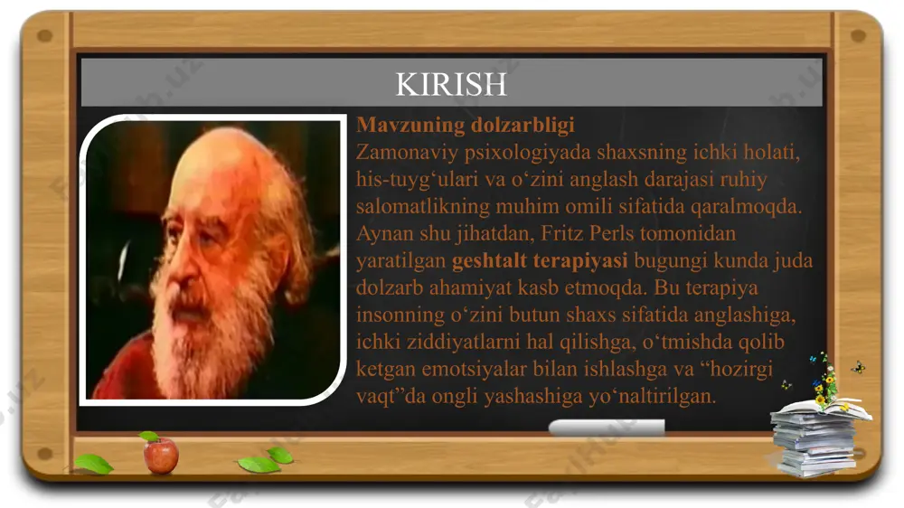 hozirgi vaziyatda tahlil qilishga undaydi. yaxlitlik (holistik yondashuv) inson — bu faqat fikr yoki emotsiyalardan iborat emas, balki fikr, his-tuyg‘u, tana harakati va ijtimoiy munosabatlarning yagona tizimidir. geshtalt terapiyada har bir inson elementar qismlar sifatida emas, balki butun va yaxlit mavjudot sifatida qaraladi. geshtalt terapiyasining zamonaviy amaliyoti va ahamiyati hozirgi kunda geshtalt terapiyasi butun dunyo bo‘ylab keng qo‘llanilmoqda. u shaxslararo munosabatlarni yaxshilash, oila ichidagi nizolarni hal etish, emotsional muvozanatni tiklash, stress va depressiyadan chiqishda samarali hisoblanadi. ayniqsa, bolalar va o‘smirlar bilan ishlashda, ularning his-tuyg‘ularini anglash va ifoda etish ko‘nikmasini shakllantirishda geshtalt uslublar katta foyda beradi. shuningdek, bu terapiya o‘z-o‘zini rivojlantirish, ichki ixtiloflarni hal qilish va o‘zini anglash jarayonlarida muhim rol o‘ynaydi. korporativ treninglar, psixologik maslahatlar va shaxsiy rivojlanish dasturlarida ham geshtalt prinsiplar keng qo‘llanmoqda. bugungi kunda geshtalt terapiya nafaqat ruhiy muammolarni bartaraf etishda, balki shaxsning ijtimoiy hayotdagi faoliyatini yaxshilashda ham muhim vositaga aylangan. dialogik yondashuv terapevt va mijoz o‘rtasida ochiq, …