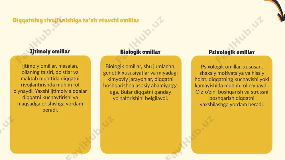 usullar muhim ahamiyatga ega. ixtiyoriy va ixtiyorsiz diqqat har bir diqqat turi o'z xususiyatlariga ega va kundalik hayotda turlicha qo'llaniladi. diqqatning turli turlari o'zaro aloqada bo'lib, ularni tushunish hayot sifatini oshiradi. foydalanilgan adabiyotlar 1. mamatqulov, r. a. diqqatning rivojlanish jarayoni va uning psixologik nazariyasi. o'zbekiston respublikasi fanlar akademiyasi, 2021 2. yusupov, d. a. diqqat turlari va ularning ta'siri: ijtimoiy va psixologik omillar. psixologiya va ta'lim, 2022 3. jumaniyozov, s. m. diqqatni o'rganishning psixologik tajribalari: zamonaviy yondashuvlar va usullar. psixologik tadqiqotlar jurnali, 2023 4. toshpulatov, n. diqqatni rivojlantirish usullari: mashqlar va strategiyalar. o'zbekiston ta'limi, 2021 5. abdullaeva, g. a. diqqat va uning ta'siri: psixologik nazariyalar. o'zbek psixologiya jurnali, 2020 e'tiboringiz uchun rahmat! designed by slides carnival image1.png image2.png image3.png image4.png image5.png image6.png image7.png image13.png image15.png image9.png image26.jpg image27.jpg image28.jpg image29.jpg image10.png image30.jpg image25.png image17.png image18.png image19.png image20.png image21.png image22.png image23.png image24.png