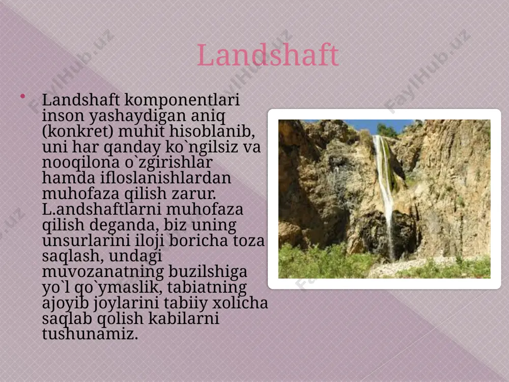 herobod marzasi, katta va kichik chimyon soyligi, oqtosh soyligi va boshqalar kiradi. biologik yodgorliklarga noyob, turi yo`qolib borayotgan o`simliklar, uzoq yil o`sayotgan daraxtlar, tik yon bag`irlarda va qumlar orasida saqlanib qolgan o`simliklar va boshqalar kiradi. biologik yodgorliklarga surxondaryo viloyatiga qarashli sayrob qishlog`idagi yoshi 960 yillik chinor, boysundagi chorchinor, urgut qishlog`idagi yoki 1014 yillik xo`ja chor chinor, xo`jakentdagi buloq yonidagi chinor, shofrikon atrofidagi saksovulzorlar misol bo`ladi. o`zbekiston tabiiy boyliklarini muhofaza qilish tabiat va inson orasidagi munosabatlar azaldan hammani kiziqtirib kelayotgan eng muhim muammolardan biri xisoblapadi. ayniqsa, sanoat va transportning tez o`sishi, aholining ko`payishi va urbanizao`iyasi, qishloq xo`jalik ishlab chiqarishning kimyolashtirish, yyerlarni betartib, rejasiz o`zlashtirish, suv boyliklaridan xo`jasizlarcha foydalanish bir tomondan jumhuriyat boyliklaridan ko`proq foydadanishga imkoniyat bersa, ikkinchi tomondan atrof-muhitga salbiy ta`sir etib, uning dastlabki tabiiy muvozanatini buzilishiga olib kelmoqda. natijada jumhuriyat havo va suvi ifloslanmoqda, tuproq zroziyasi tezlashmoqda, o`simlik va hayvonlarning ba`zi turlari kamayib yoki yo`qolib ketmoqda, tabiiy yodgorliklar shikastlanmoqda. binobarin, …