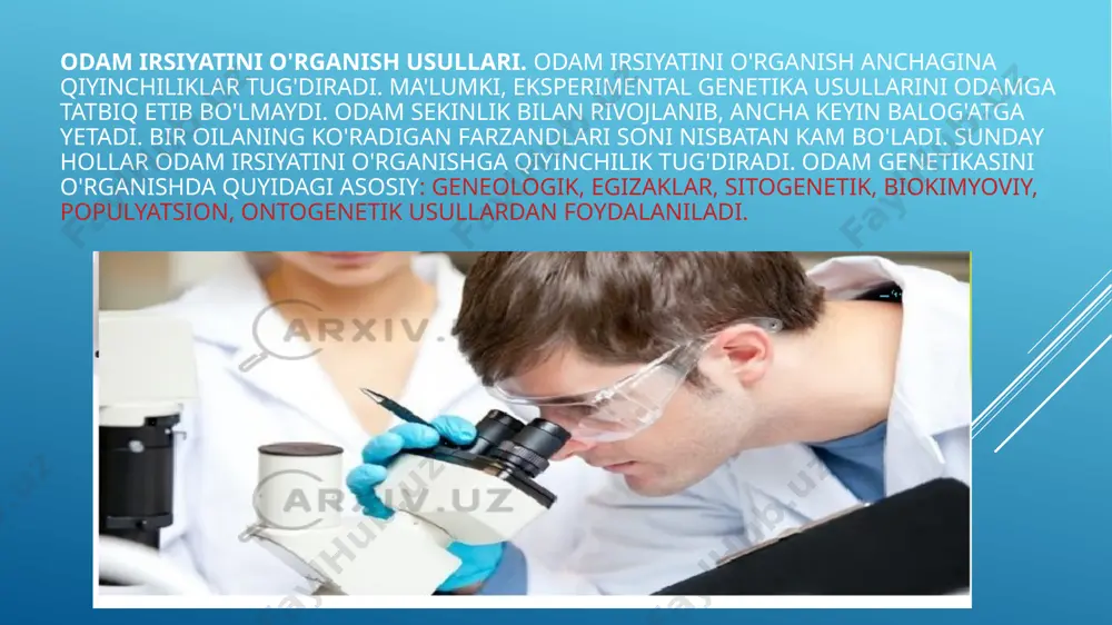 miyati katta. xromosoma mutatsiyalarining shunday bir toifasi borki, ular xromosomalar soni yoki tuzilishining ko'rinarli o'zgarishlari bilan ifodalanadi. odamda bunday mutatsiyalar sitogenetik usul bilan aniqlanadi. so'nggi yillarda har qanday odamning xromosoma sonini unga hech ziyon etkazmay, oson va tez o'rganishga imkon beradigan yangi usullar ishlab chiqildi. bu shundan iboratki, qon leykositlari 37°с da alohida oziq muhitiga tushirib qo'yiladi, bu muhitda ular bo'linadi. ulardan xromosomalar soni va tuzilishi ko'rinib turadigan preparatlar tayyorlanadi. keyinchalik odam xromosomalarini alohida bo'yoqlar bilan bo'yash usullari ishlab chiqildi, bular xromosomalar sonini sanab, hisoblab ko'rishdan tashqari ayrim xromosomalardagi ancha nozik o'zgarishlarni ham o'rganishga imkon berdi. biokimyoviy usullari biologik suyuqliklar moddalar va ularning aniqlash o'lchash ko'p yo'llar bilan turli amalga oshiriladi. misol uchun, biokimyoviy tadqiqot usullari variantlari yuzlab bo'lishi mumkin xolesterin esterazalari kabi ko'rsatkichni aniqlash uchun. texnikasi tanlash ko'p jihatdan biologik suyuqliklar o'rganish tabiatiga bog'liq bo'ladi. biokimyoviy tadqiqotlar usuli bir modda yoki ko'rsatkichni alohida-alohida va dinamikasi aniqlash uchun ishlatiladi. hech …