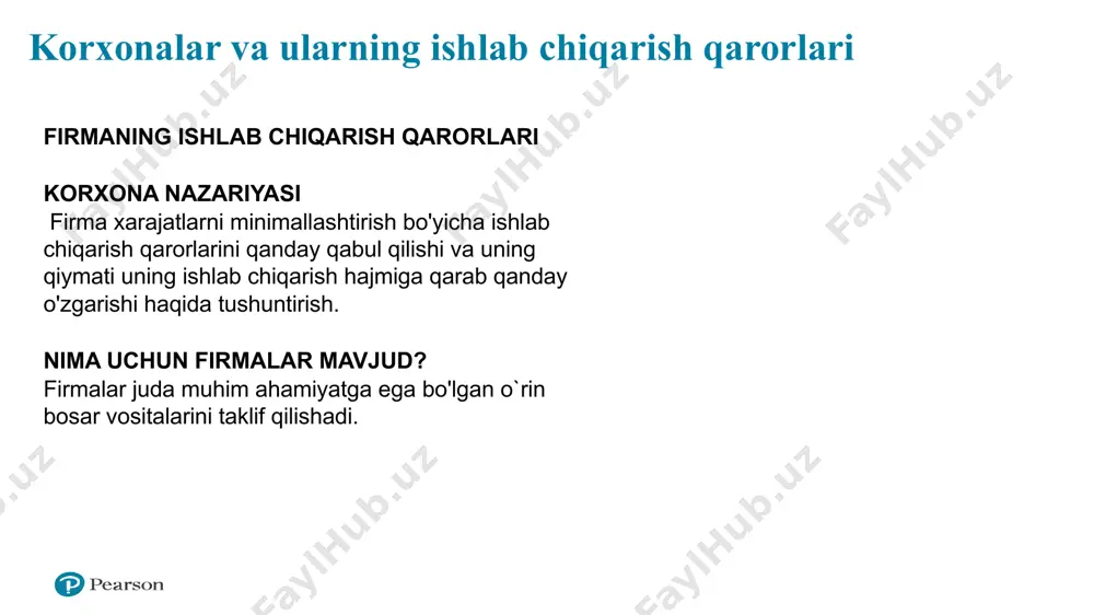 'zining barcha ma'lumotlarini o'zgartirishi mumkin bo'lgan umumiy holatga murojaat qilamiz va firma o'z mahsulotini ishlab chiqarish uchun xarajatlarni minimallashtirish kombinatsiyasini qanday tanlaganligini ko'rsatamiz. bizni, ayniqsa, firma faoliyatining ko'lami tashvishga soladi. masalan, firmaning ko'lami kattalashgan sari unumdorligini oshiradigan har qanday texnologik afzalliklar bormi? 3 korxonalar va ularning ishlab chiqarish qarorlari firmaning ishlab chiqarish qarorlari korxona nazariyasi firma xarajatlarni minimallashtirish bo'yicha ishlab chiqarish qarorlarini qanday qabul qilishi va uning qiymati uning ishlab chiqarish hajmiga qarab qanday o'zgarishi haqida tushuntirish. nima uchun firmalar mavjud? firmalar juda muhim ahamiyatga ega bo'lgan o`rin bosar vositalarini taklif qilishadi. bizga chindan ham mashinalar ishlab chiqarish uchun firmalar kerakmi? nima uchun general motors-da ishlash o'rniga, mustaqil ravishda ishlaydigan va bir-biri bilan shartnoma tuzgan shaxslar to'plami tomonidan avtomobillar ishlab chiqarilishi mumkin emas edi? ba'zi odamlar mashinani ishlab chiqara olmadimi (haq evaziga), boshqalari po'lat sotib oladimi, dizaynda ko'rsatilgan shakllarga po'latni bosish uchun zarur bo'lgan asbob-uskunalarni ijaraga oladilar, so'ngra shtamplashni amalga …