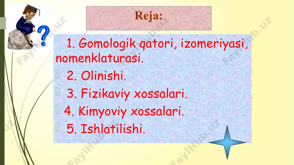 (freynd) yoki zn (g. g. gustavson) ta`sir ettirish yo`li bilan olinadi. 3) benzol va uning gomologlarini gidrogenlash orqali. pt, 300oc 2) ajralgan digalogenli alkanlarga amalgamalar ta`sirida. (konnor va uilson): 4) besh va olti a’zoli sikloalkanlar ikki asosli karbon kislotalarning ca, ba yoki toriyli tuzlarini quruq haydash orqali olinadi. bunda dastlab keton hosil bo’ladi, so’ng u tegishli uglevodorodgacha qaytariladi: kimyoviy xossalari 1. gidro genlash 2. zelinskiy reaksiyasi siklopropandan siklogeksangacha halqaning barqarorligi ortib boradi va siklogeptandan boshlab barqarorlik asta sekin yana kamaya boshlaydi. shuning hisobiga siklopropan va siklobutan birikish reaksiyasiga kirishadi. siklopentan va undan keyingi vakillari esa birikish reaksiyasiga kirishmaydi. ular uchun o`rin almashish reaksiyasi xos. bu nazariya – halqalar tarangligi nazariyasi deb ataladi. (bayer 1855 yil). b a y e r nazariyasi 3. g a l o g e n l a s h 4. h gal ning ta’siri reaksiya bormaydi 5. izomerlash etilsiklobutan metilsiklopentan katalizator: alcl3 siklogeksan 6. o k …