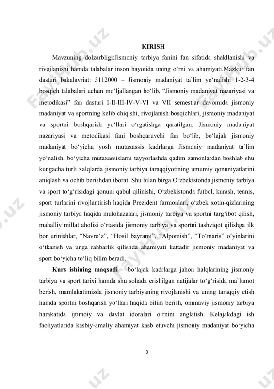 lgan musobaqalar va sinovlar shaklida mavjud boʻlgan, turli marosimlarni aks ettirgan. keyinchalik yoshlarni qilichbozlik, chavandozlik, kamondan otish, yakkama-yakka kurash mahoratiga oʻrgatish jamiyatning asosiy vazifalaridan biriga aylana borgan. uygʻonish davrida jismoniy tarbiya.ga eʼtibor yanada kuchaydi. gumanistlar jismoniy tarbiya.ni oʻquv dasturiga kiritishga uringanlar. jismoniy tarbiya.ga oʻrta asrlarda yevropada oilaviy tarbiya va maktabdagi pedagogik jarayonning muhim qismi sifatida karala boshlandi. russo "emil, yoki tarbiya toʻgʻrisida" deb atalgan pedagogik risolasida jismoniy tarbiya.ning bolalarning aqliy kamoloti va mehnat tarbiyasidagi ahamiyatini taʼkidlagan. 18-asrda asosan russo gʻoyalari taʼsirida germaniyada paydo boʻlgan "insonparvarlik va yaxshi xulq maktablari" — filantropinlar jismoniy tarbiya.ning shakl va uslublarining takomillashuviga olib keladi. gimnastika mashqlari maktab dasturlaridan mustahkam oʻrin oladi. 19-asr oxiri va 20-asr boshida fransiya, buyuk britaniya va b. mamlakatlarda jismoniy tarbiya.ning milliy tizimlari tarkib topdi. oʻzbekistonda jismoniy tarbiyaga juda qadimdan salomatlikni mustahkamlashning asosiy vositasi deb qaralgan. mahmud koshgariyning "devonu lugʻotit turk" asarida 100 dan ziyod xalq oʻyinlari toʻgʻrisida maʼlumot berilgan. "alpomish" oʻzbek …