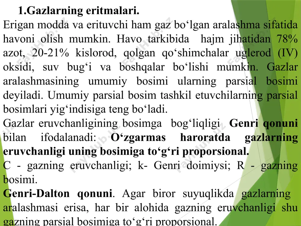ionlar o‘z joyini tark etib krisstal panjara buziladi. gidrat qobiq shakli. ionlar ajralgandan so‘ng suv molekulalari ular atrofida gidrat qobig‘ini hosil qiladi. suv molekulalarining soni ionning o‘lchamiga bog‘liq: li+ kabi kichik ionlar atrofida 4 ta suv molekulasi tetraedr shaklida, na+ va f- kabi kattaroq ionlar atrofida 6 ta suv molekulasi oktaedr shaklida qamrab oladi. 2-rasm. na+ ioni atrofidagi gidrat qobiq 2. kislorod va azot tutgan organik va biologik birikmalar,spirtlar, amin va aminokislotalar kabi qutbli eritmalarda vodorod bog‘ining hosil bo‘lishi muhim kuch hisoblanadi. 3. qutbli molekula propanal (ch3ch2cho) qutbli erituvchi dixloretanda eriganda vodorod bog‘lari bo‘lmagan dipol-dipol kuchlari vujudga keladi. 4. ion-induksiya dipol kuchlari, bir zaryad turi dipol kuchga, qutblanuvchanligiga tayanishi. ion-dipol kuchlari, ionning zaryadi qutbsiz molekula elektron bulutini buzganida vujudga keladi. bu turdagi kuchlar gemoglobin tarkibidagi fe2+ ioni va qizil qon tanachalaridagi kislorod o‘rtasida vujudga keladi. 5. dipol-induksiya dipol kuchlari – qutbli molekula qutbsiz molekulaning elektron bulutini buzganida vujudga keladigin qutblanuvchanlikka …
