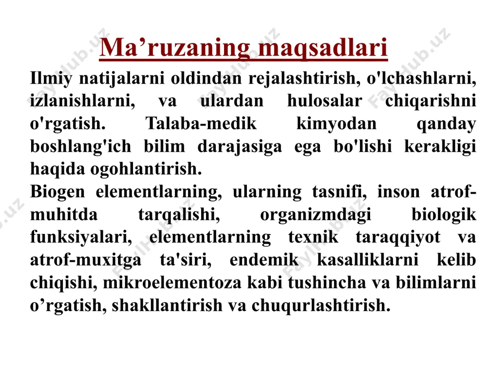 ikmalar, bog’lanish turlari, bog’lanish qutbliligi, molekulalar qutbliligi, organik molekulalarning tuzilish nazariyasi, organik moddalarning klassifikatsiyasi va nomenklaturasini. biogen elementlar metabolizmda qatnashuvchi, anorganik va organik moddalar tarkibiga kiruvchi elementlar biogen elementlar deyiladi. ularning soni 80 ta va davriy jadvalda ularni s- p- d- guruhlarda ko`ramiz, f- elementlar ko’proq radioaktiv elementlar. tabiatda biogen elementlar yer qa`rida, dengiz va okeanlar suvi tarkidida bo`lib, keyin ulardan odam organizmini tashkil qiluvchi moddalar shakllangan. kimyoviy elementlar davriy jadvali asosiy elementlar makroelementlar mikroelementlar 60 kg vaznli katta yoshdagi odamda asosiy elementlar miqdori element miqdori vazifasi asosiy elementlar kislorod (o) 39 kg asosiy biomolekulalar va suvning tarkibiy qismi uglerod (c) 11 kg asosiy organik va biomolekulalarning tarkibiy qismi vodorod (h) 6 kg biomolekulalar va suv tarkibiga kiradi, organism suyuqliklarining phini belgilaydi azot (n) 1,5 kg oqsil va nuklein kislotalarning tarkibiy qismi makroelementlar kalsiy (ca) 1000 g suyak va tishlarning tuzilishi, mushak qisqarishi va nerv impulslari o’tishida muhim fosfor (p) …