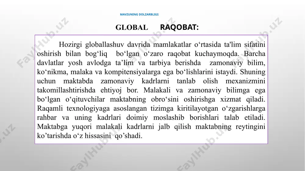 raliyada o‘qituvchi bo‘lish uchun, odatda, bakalavr darajasiga ega bo‘lish kerak, so‘ngra pedagogika yoki ta'lim sohasida magistratura (master of teaching yoki master of education) darajasini olish talab qilinadi. polsha respublikasi maktablarida o‘qituvchilarni ishga qabul qilish mexanizmi davlat va xususiy maktablarda biroz farq qilishi mumkin, ammo umumiy tamoyillar o‘xshashligiga asoslangan. polsha ta’lim muassasalarida o‘qituvchi pedagoglarni ishga qabul qilishning asosiy bosqichlari va xususiyatlari keltirilgan: o‘qituvchi bo‘lish uchun, odatda, oliy ma'lumotli, magistr darajasi talab etiladi. polsha avstraliya qiyosiy tahlil t/r amaldagi holat (oʻzb) xalqaro tajriba xulosa va takliflar 01. birinchi marta ishga qabul qilinadigan oliy ma‘lumotli talabgorlar stajor-o‘qituvchi sifatida ishga qabul qilinadi. ishga kirgan vaqtdan boshlab bir yil muddat ichida kasbiy sertifikat yoki toifa sertifikatiga ega bo‘lishi talab etiladi. kasbiy sertifikat olganidan so‘ng pedagoglar pedagogik faoliyatida besh va undan ko‘p yil davomida uzilishlar bo‘lganda,ular faoliyatini qayta boshlagan vaqtdan boshlab yana bir yil davomida kasbiy sertifikatga ega bo‘lishi lozim. malayziyada maktab o‘qituvchisi bo‘lib ishlash jarayoni …
