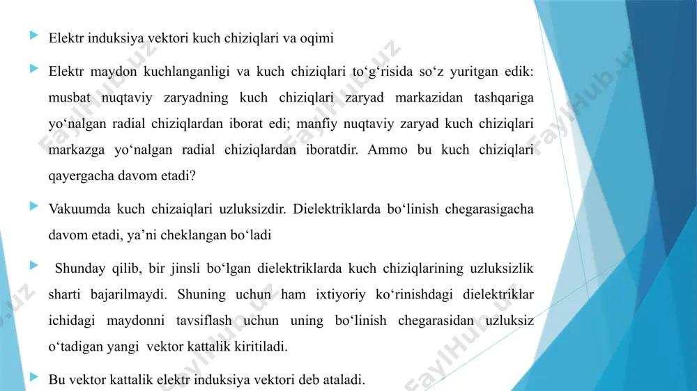 lektrik modda atom molekulalari tarkibidagi musbat va manfiy zaryadlar markazlari siljib, qutblanish hosil qiladi. natijada jism sirtida bog’langan zaryadlar vujudga keladi. qutbli dielektriklar ham tashqi elektr maydoni bo’lmaganda neytral bo’ladi, chunki molekulalar dipol moment jism hajmida tartibsiz yo’nalgan. elektr maydonida qutbli dielektrik qutbli dielektrik modda molekulalariga maydon kuchlari oriyentasion (yo’nalishga ega bo’lgan) kuchlar moment bilan ta’sir etib, noldan farqli qutblanish hosil qiladi mavzu:o’tkazgichlar elektr sig’imi. tashqi shartlar o’zgarmaganda, zaryadlangan jism elektr maydoni potensiali unga berilgan zaryad miqdoriga proporsionaldir. c - proporsionallik koeffisienti bo’lib, yakkalangan o’tkazgichning elektr sig’imi deb yuritiladi. o’tkazgich potensialini bir voltga oshirish uchun unga son jihatdan qanday zaryad miqdori berilishini ko’rsatadigan kattalik elektr sig’imi deb yuritiladi. elektr sig’imining birligi qilib, 1 farada qabul qilingan mavzu:kondensatorning elektr sig’imi. bir biridan d masofada joylashgan, har birining yuzasi s bo‘lgan ikki paralel metall plastinkalardan iborat sistemani yassi kondensator deyiladi. s >>d, bo‘lgani uchun kondensator qoplamalarini cheksiz zaryadlangan tekisliklar deb qarab, ular …