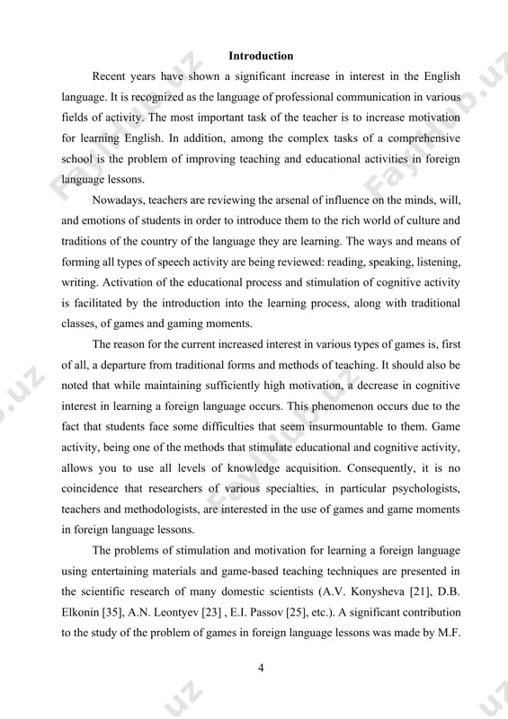 epnova [32] t.yu. ivantsova [18], v.l. ermakov [17], etc.). however, despite the fact that the problem of the game and game moments has been sufficiently studied, they are not used actively enough in school practice. that is why the development of the topic “game and game moments in english lessons” seems relevant and requires analysis. the object of the study is an english lesson. the subject of the study is the use of games and game moments in english lessons. the purpose of the study is to systematize the theoretical and practical experience of using games and game moments in english lessons. in accordance with the set goal, a number of tasks are expected to be solved: 1) study and analyze scientific and methodological literature on the research topic; 2) study the types and types of exercises existing in the practice of teaching a foreign language using various gaming technologies; …