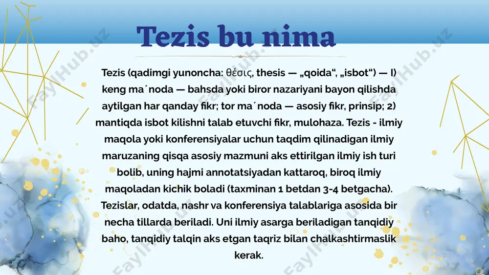 va boshqalar bilan taqdimot bo'lishi mumkin. ushbu mahsulot to'g'ridan-to'g'ri avvalgilarga bog'liq. tezislarni sirt yozishning namunasi qisqa, ma'lumotli, konteyner bo'lib, ular konferentsiya maqolalarining ilmiy to'plamida e'lon qilinishi mumkin. taqdimotda ma'lum bir lirik chekinish joizdir va ba'zi hollarda u tegishli hazil bo'ladi. e’tiboriz uchun rahmat your group image1.png image2.png image3.svg image4.png image5.png image6.png image7.svg image8.jpeg image9.jpeg image10.png image11.jpeg image12.jpeg image13.png image14.svg /docprops/thumbnail.jpeg