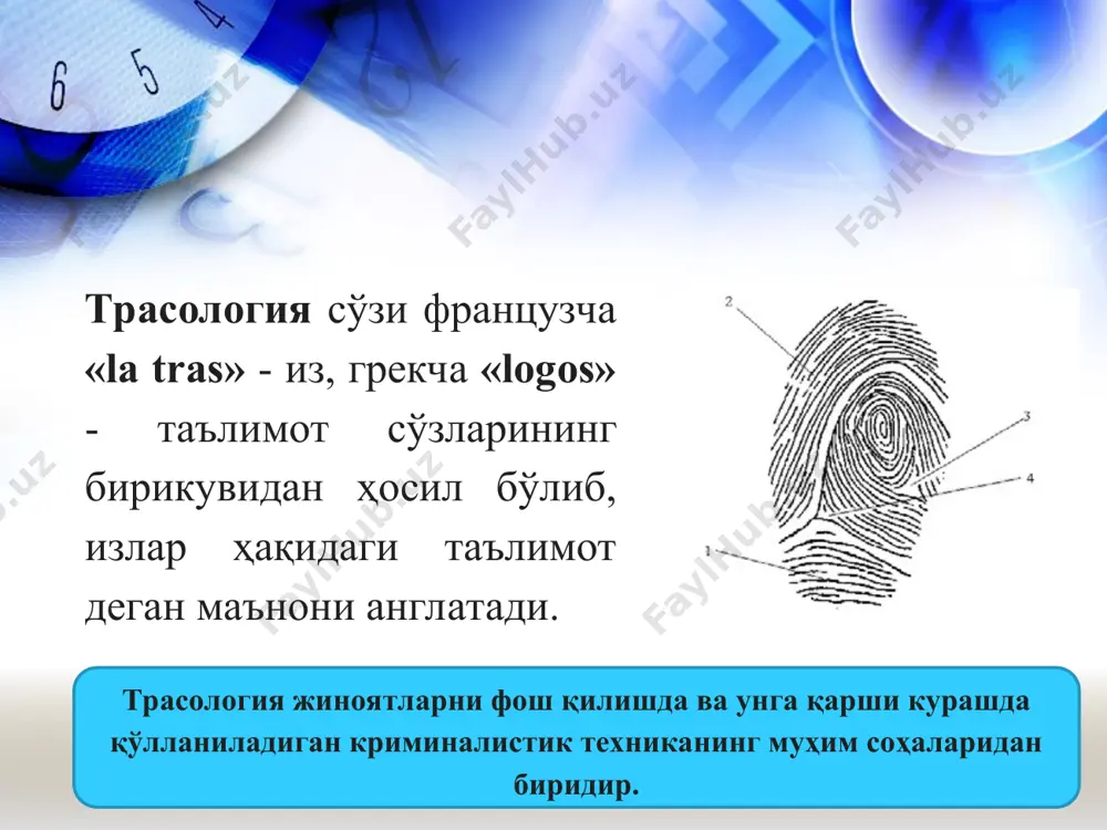 дагилар киради бармоқ излари қолдирган предметлар ёки уларнинг қисмлари; кўзга хира кўринадиган бармоқ излари мавжуд бўлган предметлар; дактилоскопик плёнкага кўчириб олинган бармоқ излари; предметлардаги изларнинг кенг кўламли олинган фотосурати; бармоқ излардан олинган гипслик нусхалар; жиноят ишининг бошқа материаллари (баённомалар, дастлабки экспертиза хулосаси); таққослаб текшириш учун гумон қилинганнинг бармоқларидан олинган нусхалар. дактилоскопик экспертизаси ҳодиса жойида бармоқ излари қолдирган шахс, из ҳосил бўлган вақт ва шароитни аниқлаш имкониятини беради оёқ (пойабзал) излари бўйича ўтказиладиган экспертизада ҳодиса жойида из қолдирган шахс ва унинг айрим хусусиятлари аниқланади. у ёки бу предметда қолдирилган юзаки оёқ изларидан дактилоскопик плёнкага кўчириб олинган нусхалар; - ботиқ оёқ изларидан олинган гипс нусхалар; - оёқ излари олинган фотосурат; - жиноят иши материаллари; - гумон қилингандан олинган пойабзал; - агар ҳодиса жойида пайпоқ изи топилган бўлса, гумон қилингандан олинган пайпоқлар; - агар ҳодиса жойида яланг оёқ изи топилиб, ундан гипслик нусхалар олинган бўлса, гумон қилинган шахс оёғининг 2-3 нафар экспериментал нусхаси. …