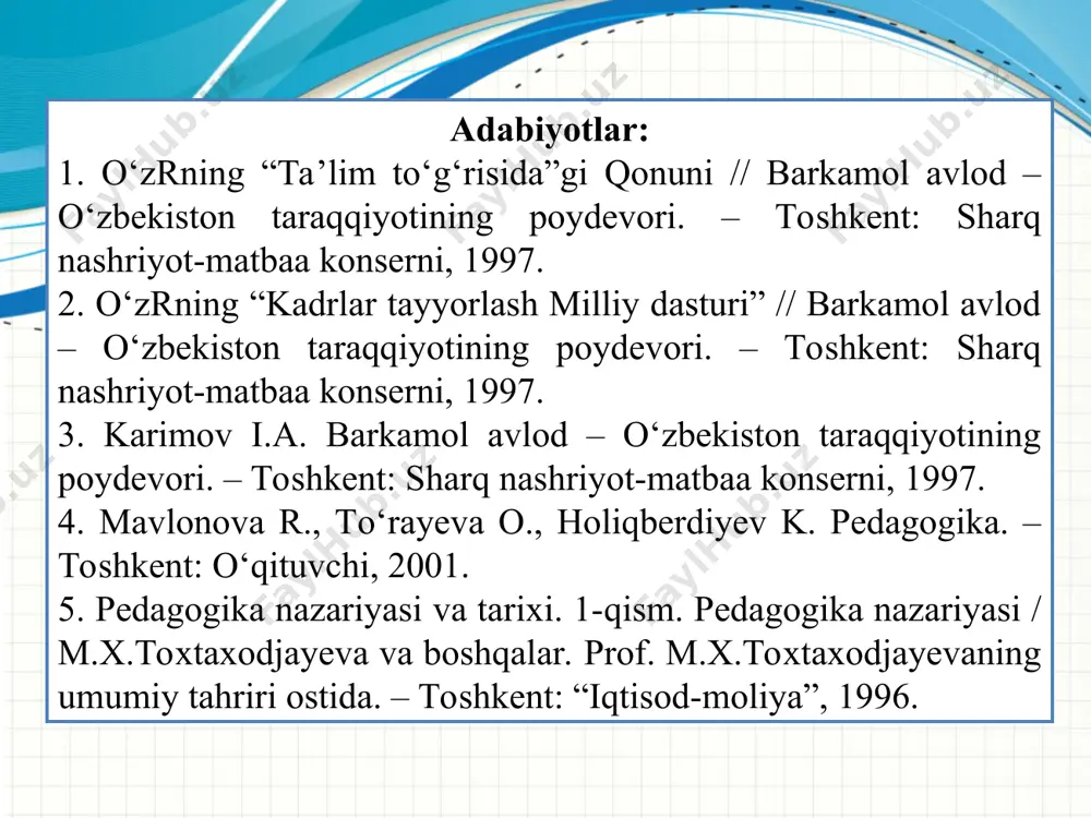 azifalar va shartlarga binoan bajariladigan harakatlar yig‘indisi malaka ongli xatti-harakatning avtomatlashtirilgan tarkibiy qismi 5a-ilova ta’lim o‘quvchilarga nazariy bilimlarni berish asosida ularda amaliy ko‘nikma va malakalarni shakllantirish, ularning bilish qobiliyatlarini o‘stirish va dunyoqarashlarini tarbiyalashga yo‘naltirilgan jarayon dars bevosita o‘qituvchi rahbarligida muayyan o‘quvchilar guruhi bilan olib boriladigan ta’lim jarayonining asosiy shakli bilim olish idrok etish, o‘rganish, mashq qilish va muayyan tajriba asosida xulq-atvor hamda faoliyat ko‘nikma, malakalarning mustahkamlanib, mavjud bilimlarning takomillashib, boyib borish jarayoni ta’lim jarayoni o‘qituvchi va o‘quvchilar o‘rtasida tashkil etiluvchi hamda ilmiy bilimlarni o‘zlashtirishga yo‘naltirilgan pedagogik jarayon o‘quv fani ta’lim muassasalarida o‘qitilishi yo‘lga qo‘yilgan hamda o‘zida muayyan fan sohasi bo‘yicha umumiy yoki mutaxassislik bilim asoslarini jamlagan manba ta’lim mazmuni davlat ta’lim standartlari asosida belgilab berilgan hamda ma’lum sharoitda muayyan fanlar bo‘yicha o‘zlashtirilishi nazarda tutilgan ilmiy bilimlar, shuningdek, shaxsning aqliy va jismoniy qobiliyatini har tomonlama rivojlantirish, dunyoqarashi, odobi, xulqi, ijtimoiy hayot va mehnatga tayyorlik darajasini shakllantirish jarayonining mohiyati 5b-ilova ta’lim tizimi …