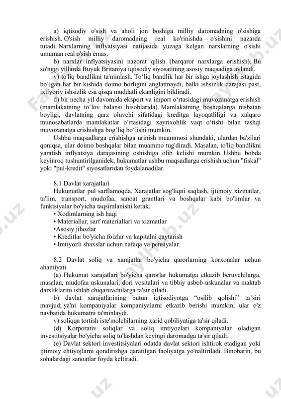 in bo'lgan emissiyalarga olib keladi. natijada ko'proq yo'llar, yangi va katta shaharlar va kamroq toza qishloq. v) yangi malaka va malaka oshirish talablariga moslasha olmaydigan aholining ayrim qatlamlari rivojlanayotgan iqtisodiyotda ish topa olmaslik xavfi mavjud. ushbu tarkibiy ishsizlik jamiyatning milliy daromadning o'sishidan foyda ko'rmaydigan katta qismini yaratishi mumkin. (d) o'sishga erishish uchun firmalar ko'proq sarmoya kiritishlari kerak va bu moliyalashtirishni talab qiladi. bu mablag'ni faqat ko'proq jamg'arish orqali olish mumkin, bu esa o'z navbatida aholidan kamroq iste'mol qilishni talab qiladi. demak, qisqa muddatda yuqori o'sish iste'molni kamaytirishni talab qiladi. barcha zamonaviy hukumatlar o'zlarining milliy iqtisodiyotlarini ma'lum darajada nazorat qilishlari kutilmoqda. saylov okruglari odatda hukumatning harakatlari farovonlik o'sishini qo'llab-quvvatlashi yoki to'sqinlik qilishi mumkinligiga ishonadi va ulardan foydali makroiqtisodiy siyosatlarni izlaydi. iqtisodiy siyosatning to'rtta asosiy maqsadi bor, ammo ularning nisbiy ustuvorligi bo'yicha bahslar davom etmoqda. a) iqtisodiy o'sish va aholi jon boshiga milliy daromadning o'sishiga erishish. o'sish milliy daromadning real ko'rinishda o'sishini …