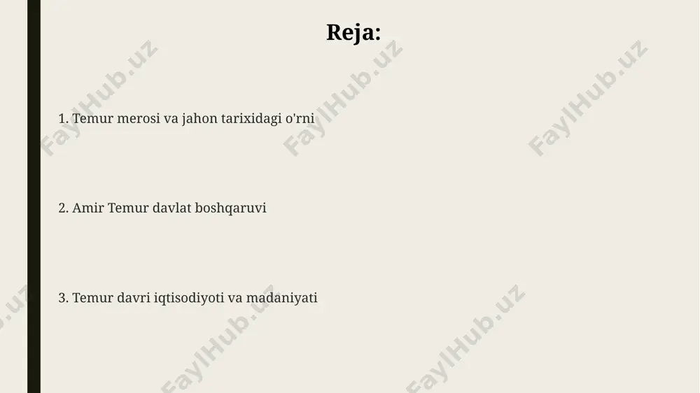 yalarini namoyon qilib, qoʻshni viloyatlardagi raqiblariga qarshi bir qancha kichik, ammo muhim harbiy yurishlarda ishtirok etgan. yoshligida amir temur jismoniy jihatdan kuchli va chaqqon boʻlgan, harbiy mahoratini rivojlantirishga katta eʼtibor qaratgan hamda 15 yoshida ilk harbiy yutuqlarini qoʻlga kiritgan. amir temur 1336-yilning bahorida, hozirgi samarqand viloyati kesh shahrida, temuriylar sulolasiga mansub olijanob oilada tugʻilgan, bu uning keyingi siyosiy martabasida muhim rol oʻynagan. harbiy yutuqlari va siyosati temur davrida yangi harbiy texnologiyalar, masalan, o'qotar qurollar va artilleriya qo'llanishi armiyaning qudratini sezilarli darajada oshirdi, bu esa uning harbiy yutuqlariga katta hissa qo'shdi. amir temur qo'shinlari 14-asrda 70 dan ortiq yirik harbiy yurishlarni amalga oshirib, katta hududni zabt etgan, bu uning harbiy strategiyasining samaradorligini ko'rsatadi. amir temurning siyosati "taxtga da'vogarlarni yo'q qilish" strategiyasiga asoslangan bo'lib, bu esa uning imperiyasining uzoq muddatli barqarorligiga va kengayishiga yordam bergan. temur davlatining shakllanishi temur davlatining ma'muriy tizimi viloyatlarga bo'linib, har bir viloyatga beklar va haqiqiy amaldorlar tayinlangan …