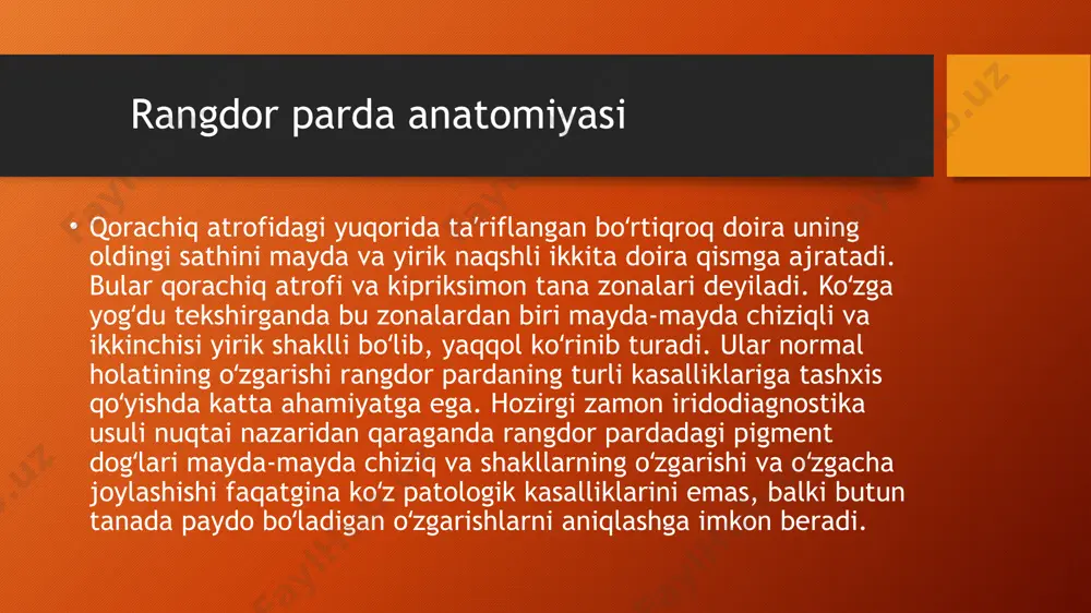 ффуз шиш ҳам пайдо бўлади. бир ҳафта 10 кун ичида улар сўрилиб кетиб, ўрнида ва атрофида яна янгилари чиқаверади ва шу тариқа сурункали узоқ давом этаверади. лекин сил иридоциклитининг иккала хилида ҳам калин прецепитатлар, экссудат бўлиб, ёпишқоқлик (синехия, цеклюзиолар) кучли бўлади. иккала кўз ҳам навбатма-навбат касалланаверади бунда тўғри диагноз қўйиш ва даволаш ишларини пухта олиб бориш зарур. кўз касалликларининг оғир ўтишини ва ўз вақтида тўғри даволанмаса одамни ожизликка олиб боришини инобатга олиб республикамизнинг ҳамма вилоятларида туберкулёз диспансерлари фаолият кўрсатиб келяпти. токсоплазмоз иридоциклитлари кўпинча токсоплазмознинг ҳаётда юқтирилган тури билан касалланган одамларда ҳам учрайди, токсоплазмалар конга ёки кўзга тушганда шох парда, рангдор парда ва киприксимон тананинг ўткир яллиғланиши, кўзда ёшланиш, оғриқ бериш ва перикорнеал инъекция билан бошланиб, рангдор пардадаги тугунчалар ёки диффуз ёпишқрқ яллиғланиш тезлик билан киприксимон танага ўтади ва пролифератив жараён бошланади ва жуда оғир давом этади. чўкма доначалар юзага келиб, кўкимтир сарғиш экссудат қорачикни бекитиб қўяди ва иккиламчи глаукома келиб …