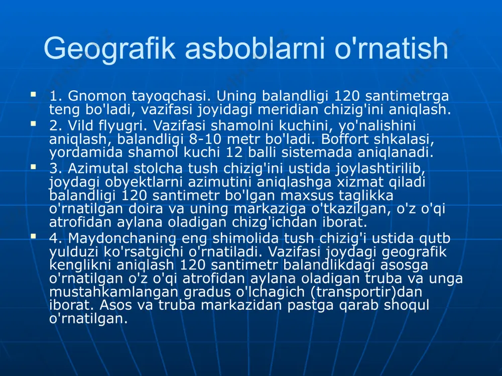 ishishini, daraxtlar barglarining sarg'ayib to'kilishini, qushlarning uchib kelishi va ketishini, bolalash davrini nazorat qiladilar. o'quvchilar tabiat hodisalarini doim ko'radilar, kuzatadilar, ammo ilmiy jihatdan asoslay olmaydilar. geograflya maydonchasi bu yo'lda ularga katta kо'mаk beradi. ya'ni har bir tabiiy hodisaga chuqur nazar tashlashga o'rgatadi va kelajakda bu sohada ilmiy ish bilan shug 'ullanishlariga turtki bo 'ladi. maydonchaning ish tartibi 1. geograflya maydonchasida nazorat ishlari har bir nazariy dors o'tilgandan so'ng olib borilishi kerak har kunlik olingan geograflk ma'lumotlar natijalar taxtasiga yozilib ayni paytda, maktab direktori tomonidan muhrlab, surgichlangari daftarga tushirib boriladi. 2. geograflk ma'lumotlarni to'plovchi guruh har kuni havoning ochiqligi, bulutlikni, shamolning yo'nalishi va tezligini, quyoshning turish burchagini tumanlilikni, yomg'irni, qorjala, do'l, momoqaldiroq, bulduruq, to’p – to’p, qat – qat va pastsimon bulutlarni shartli belgilar asosida joylashtirib boradi. maydonchadan foydalanish bo'yicha tavsiya geografiya maydonchasi ikki xil kо 'rinishda tashkil etiladi. 1. yirik geograflk maydoncha eng kamida 12*25 metr2 dan 0,5 gektargacha kattalikda …